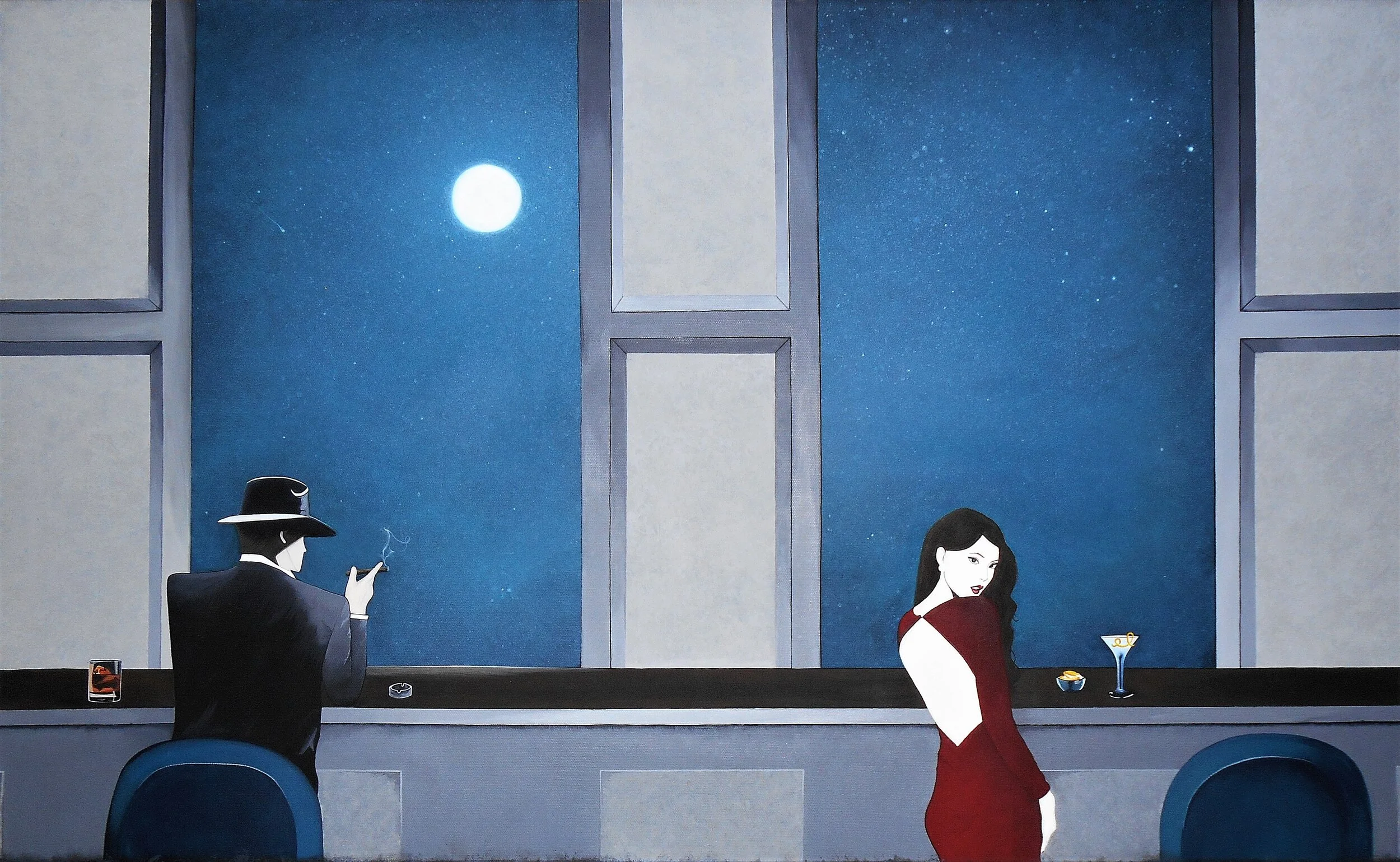 A woman in a red dress stands at a bar with a drink, while a man in a suit and hat smokes a cigarette, against a large window showing a starry night sky and a bright moon.