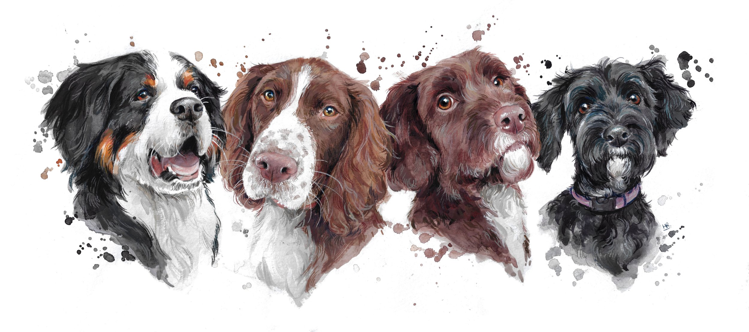 Digital painting of five different dogs with splatter backgrounds.