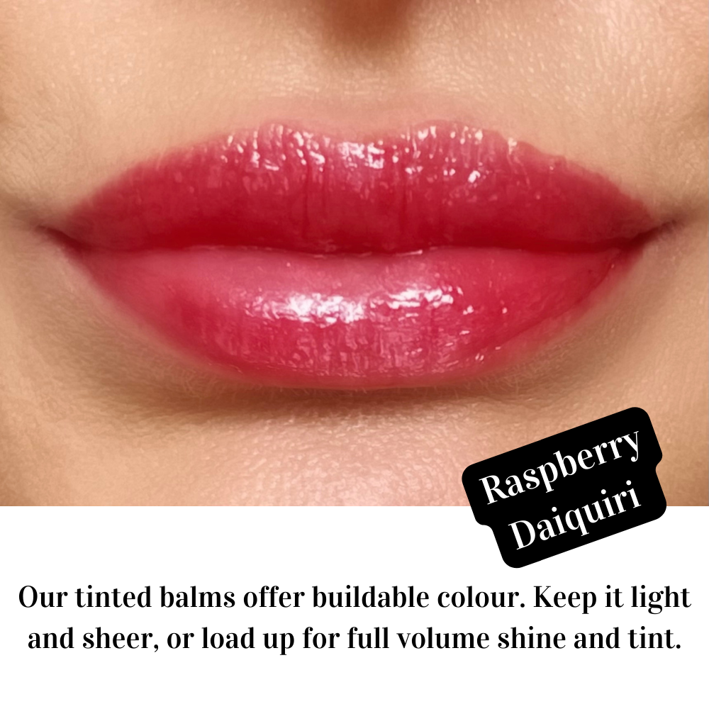 Raspberry Daiquiri red shine tinted lip balm with buildable tint