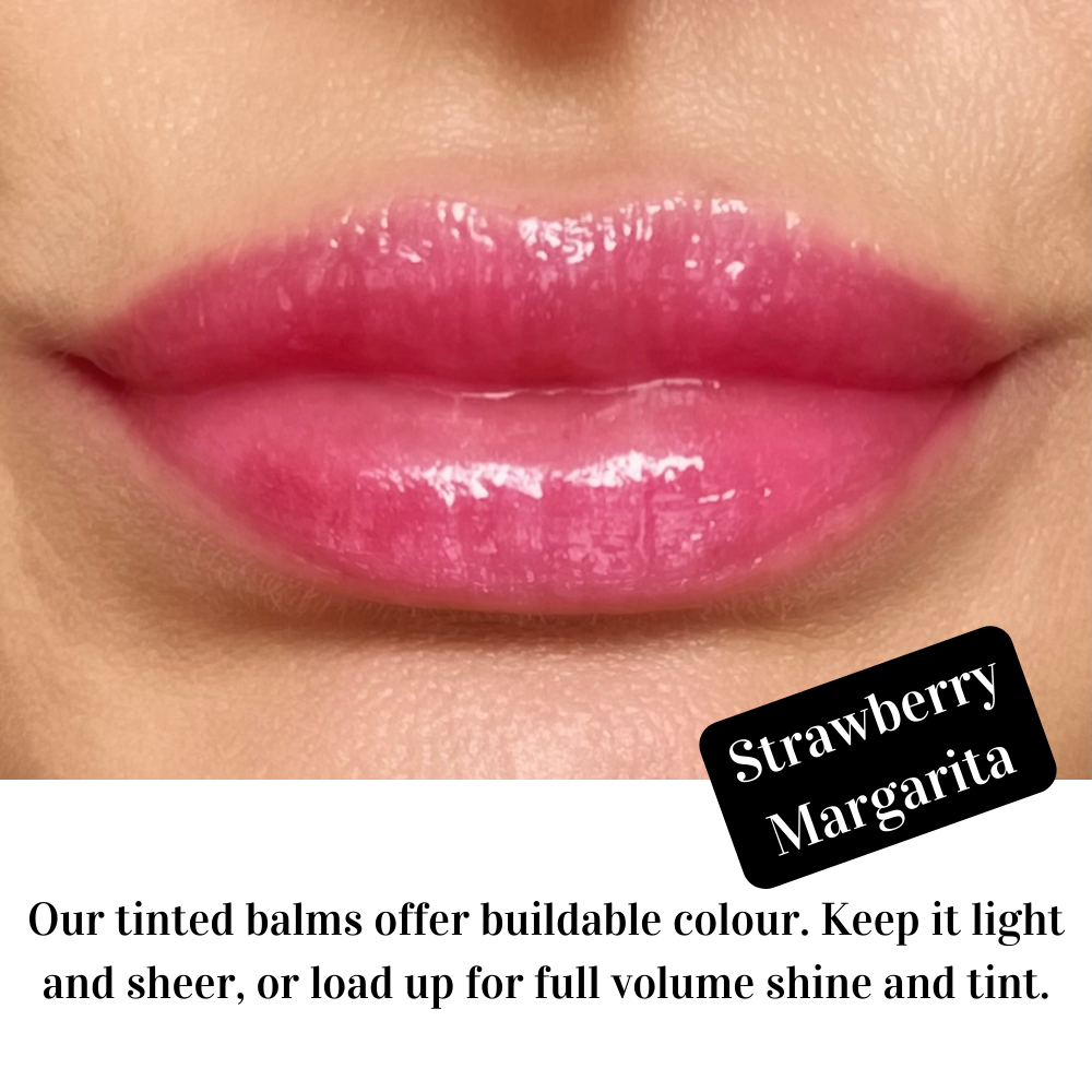 Strawberry Margarita pink shine tinted lip balm with buildable tint