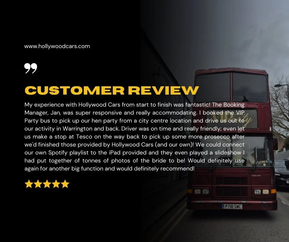 And the reviews are in! ⭐
Thank you so much to all our lovely passengers who choose to celebrate the big moments in their lives with us, if your interested in hiring one of our luxurious vehicles enquire now at hollywoodcars.co.uk❤️