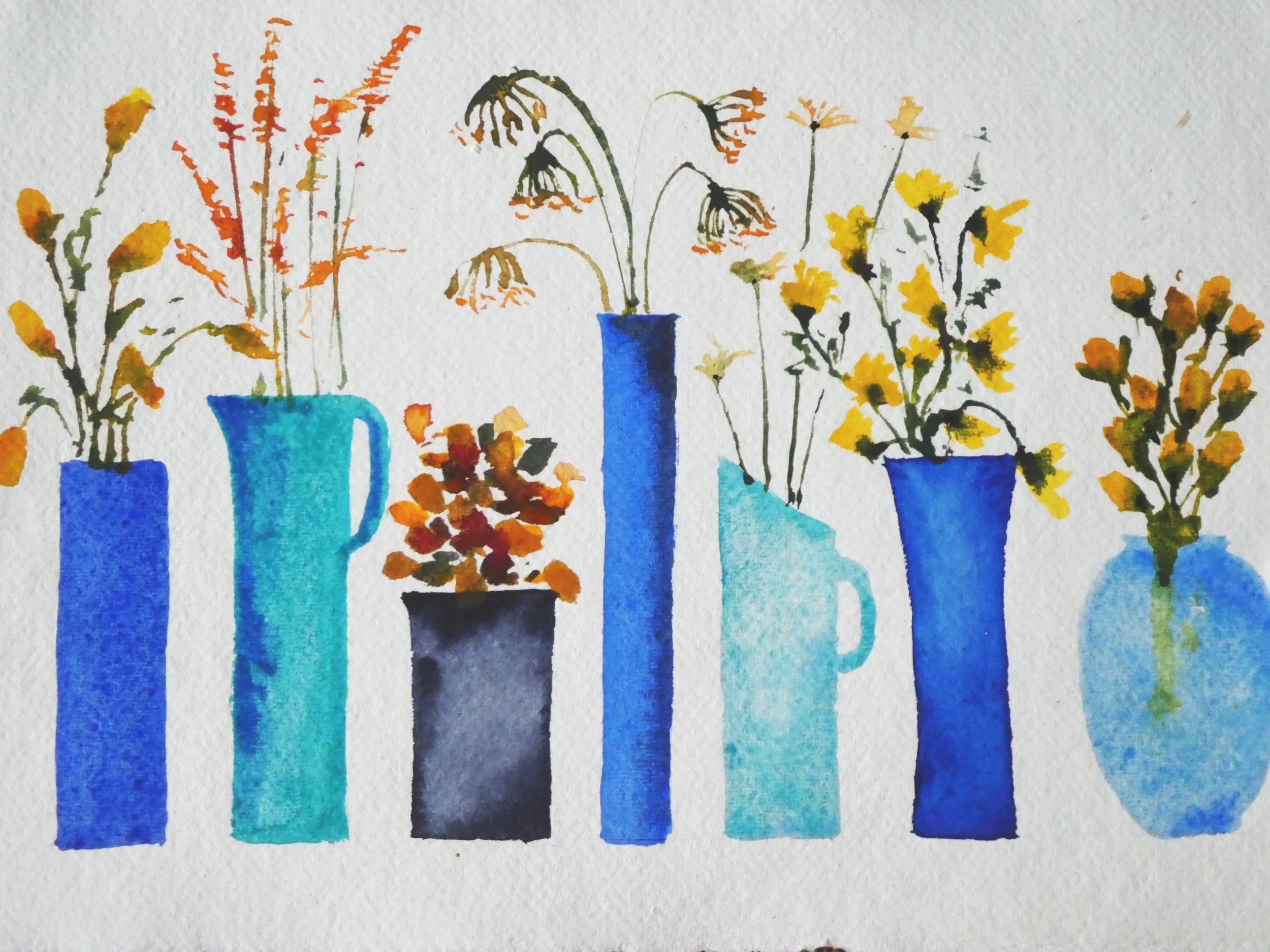 Blue vases & Yellow Flowers