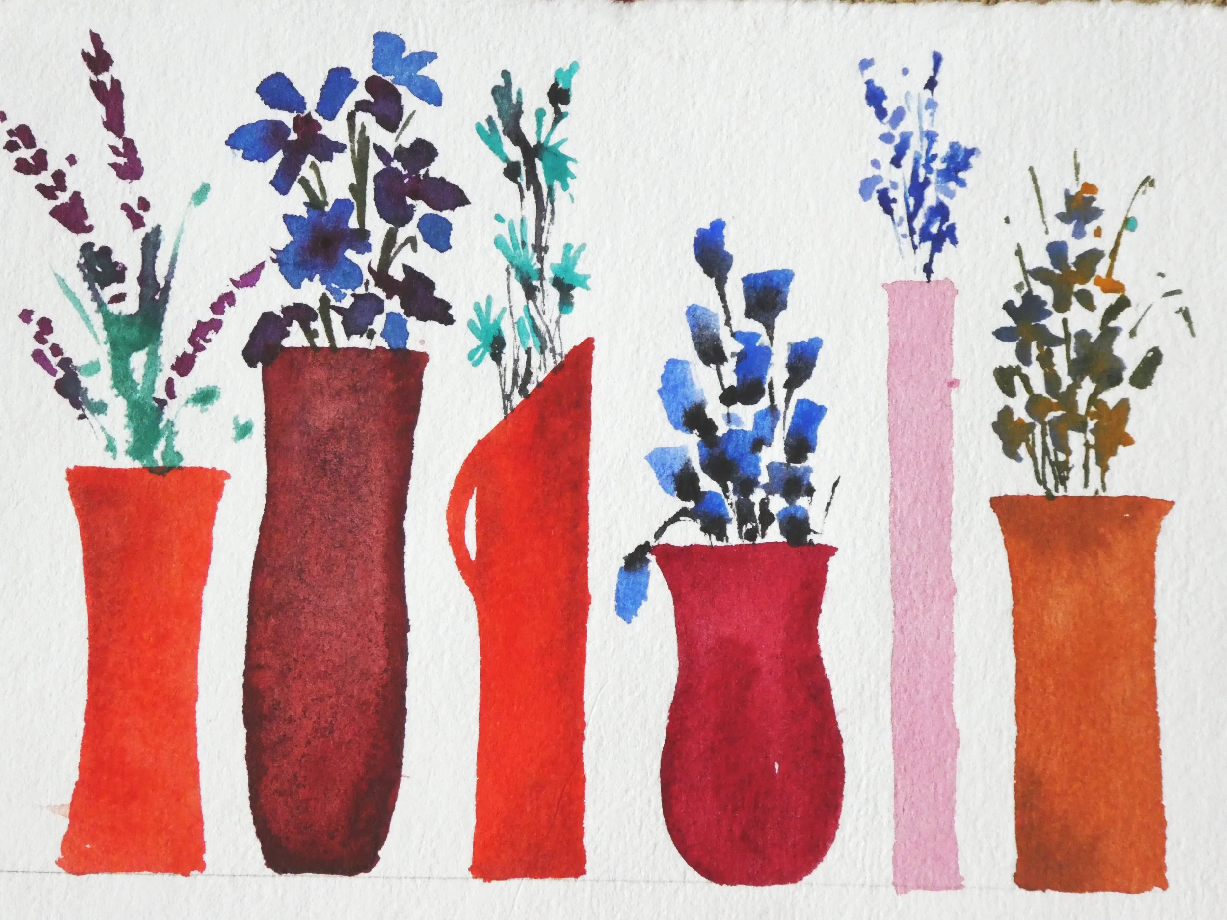 Red Vases & Blue Flowers