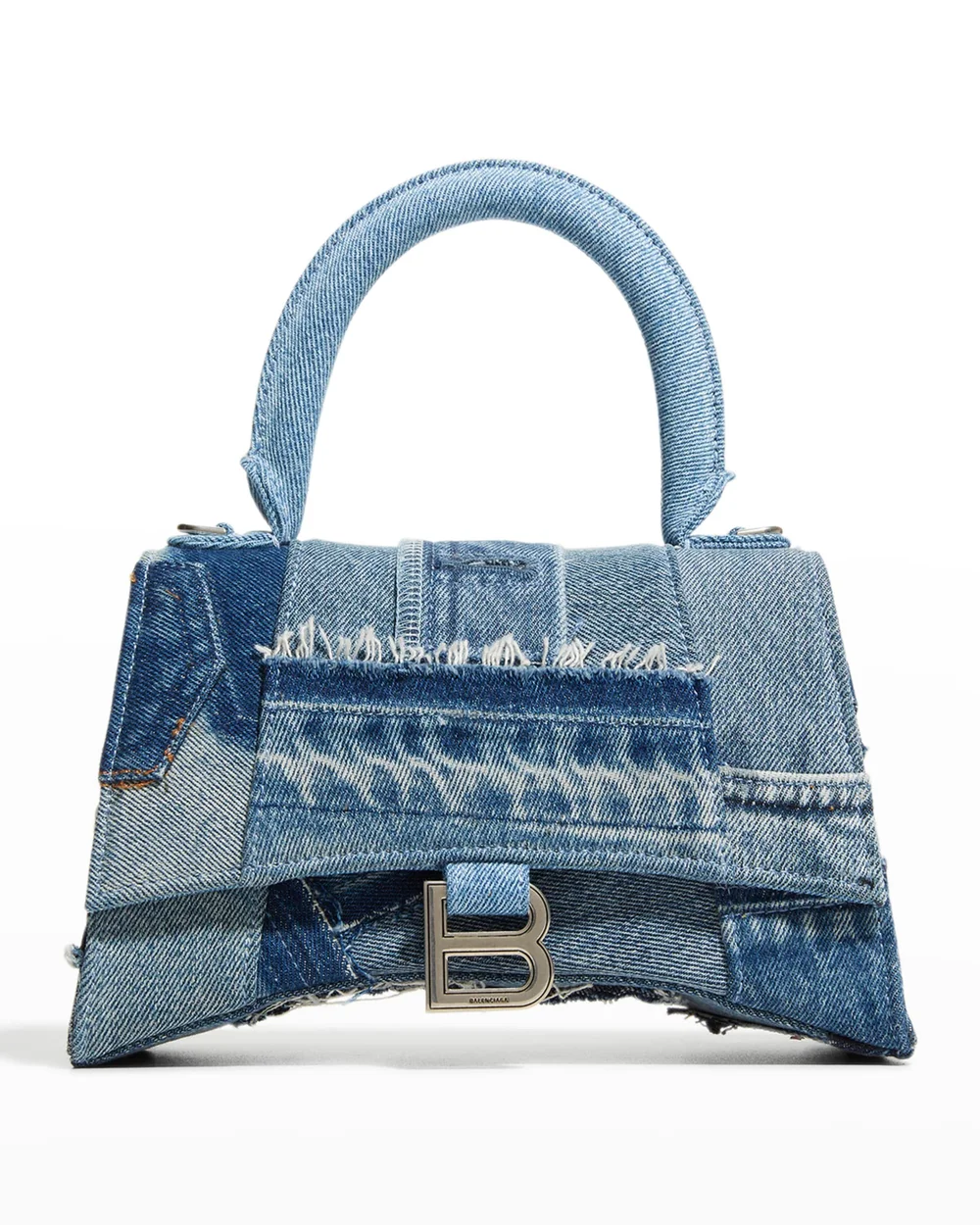 Balenciaga Hourglass Upcycled Denim Patchwork Top-Handle Bag