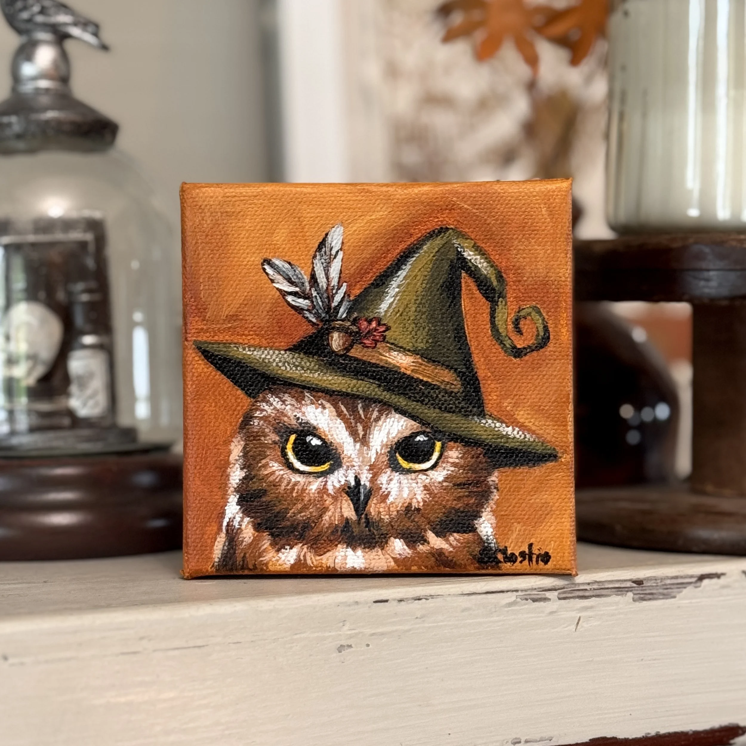 "Saw-whet Owl Witch" - ORIGINAL - 4x4"