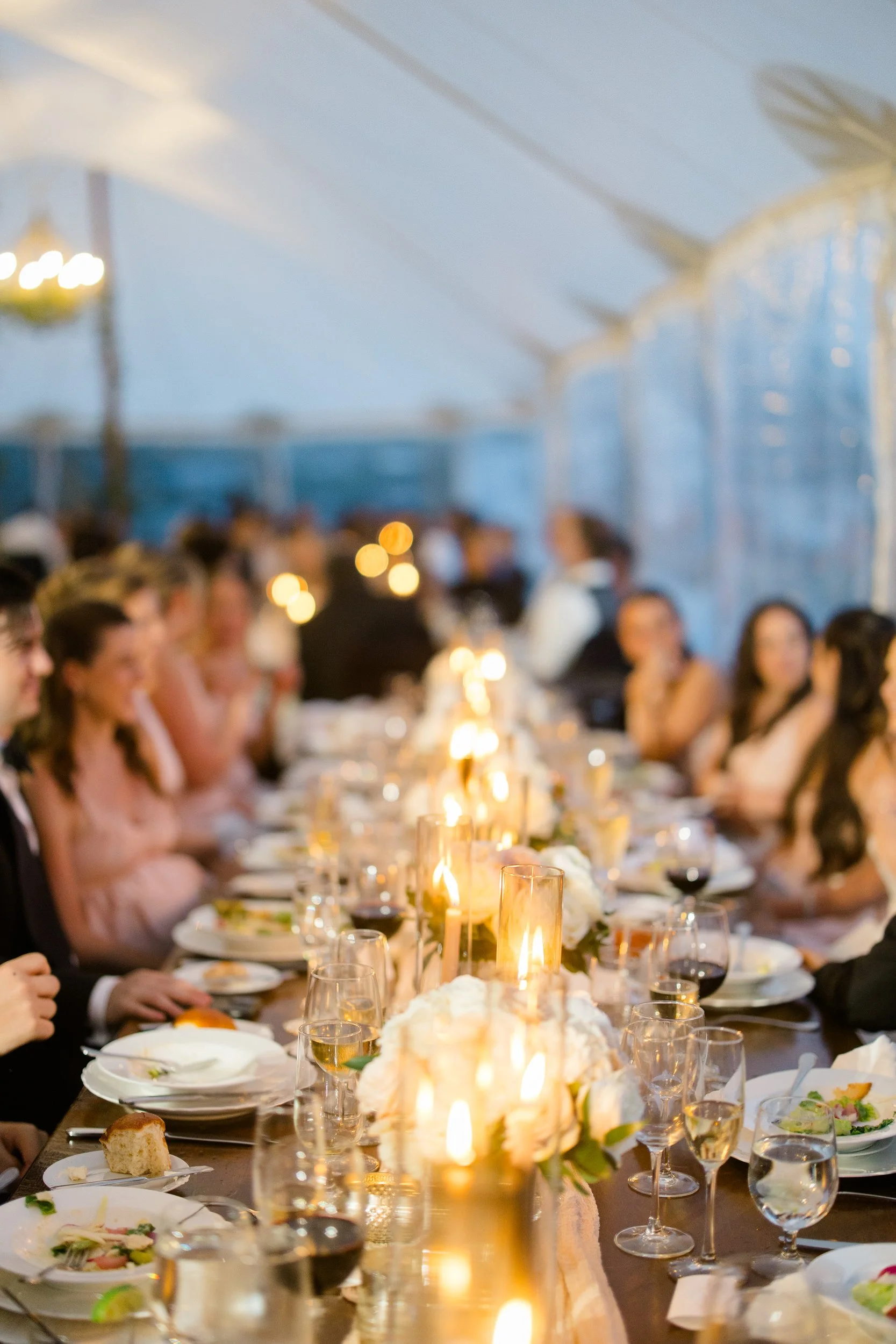 Guests cheering during heartfelt speeches at a romantic wedding reception at Castle Hill on the Crane Estate.