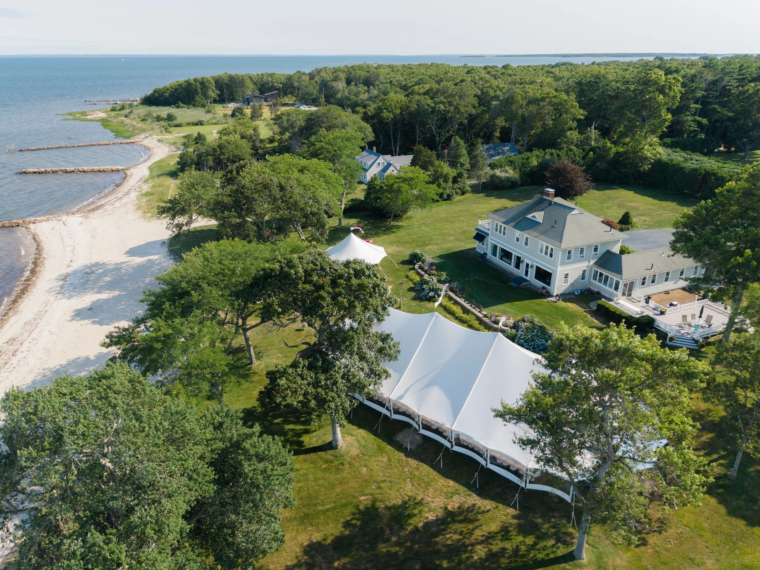 Aerial view of a Cape Cod private estate wedding venue overlooking the water.