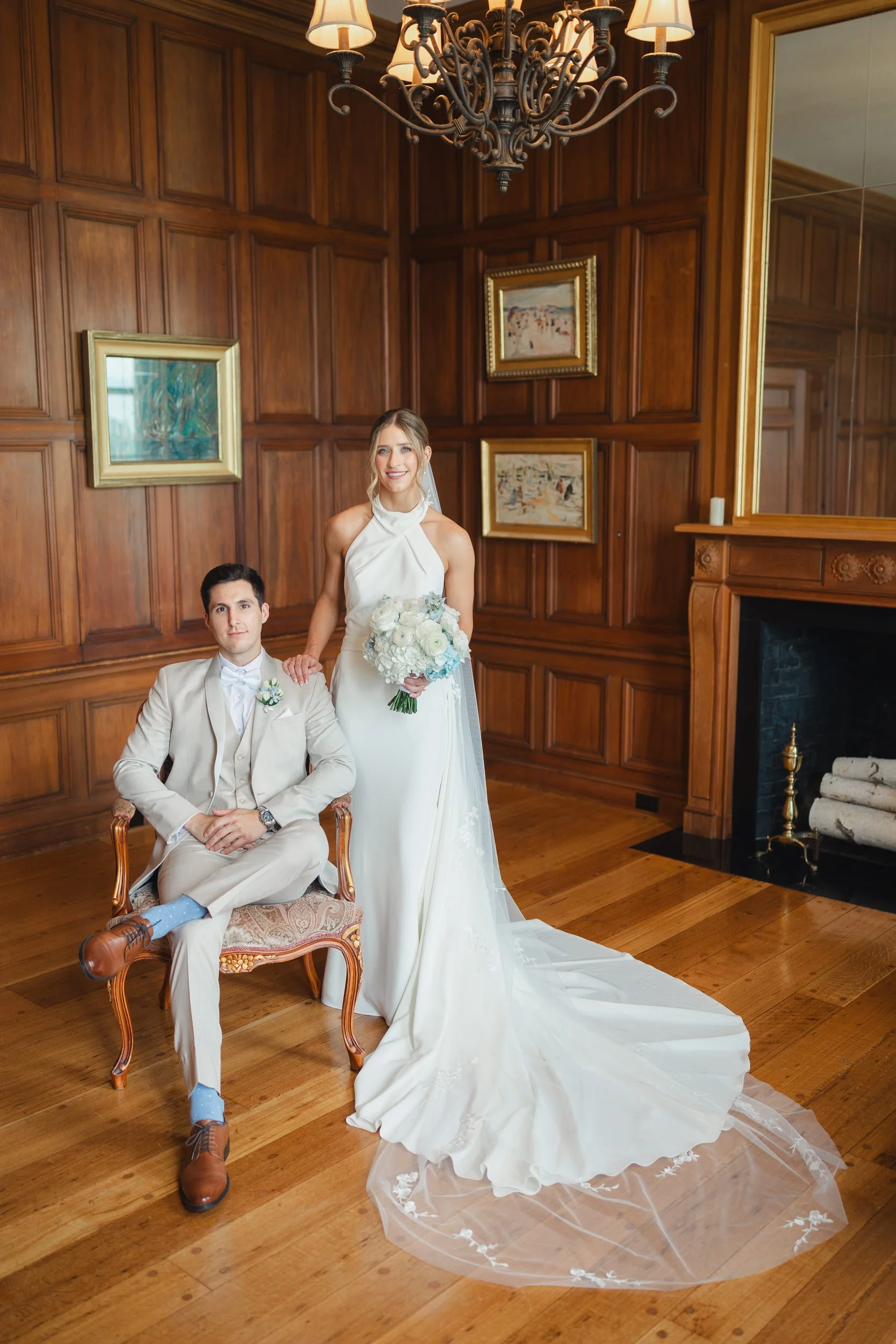 Elegant couple portraits at a coastal garden party wedding.