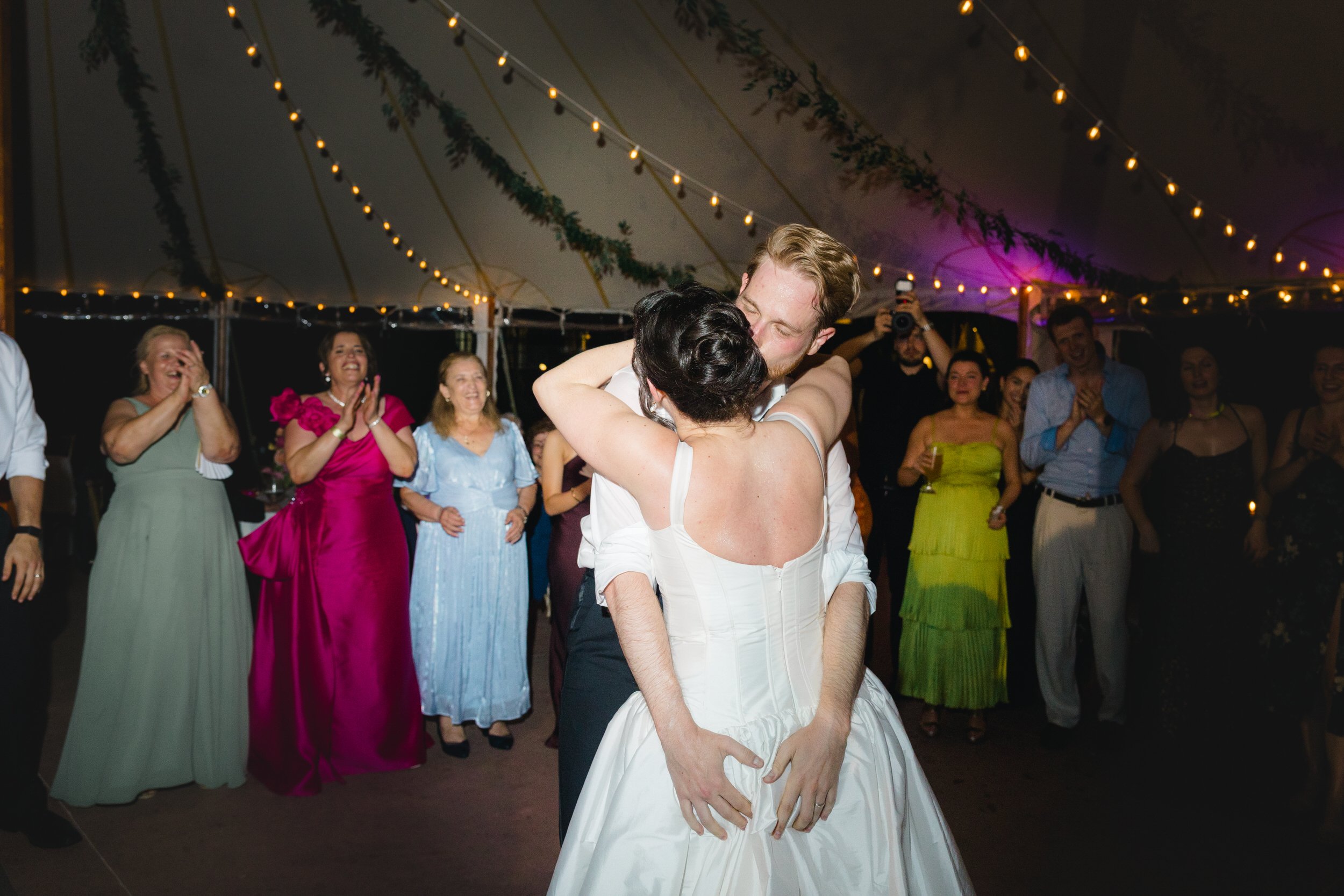 Lively wedding dance floor celebration at New England estate wedding venue