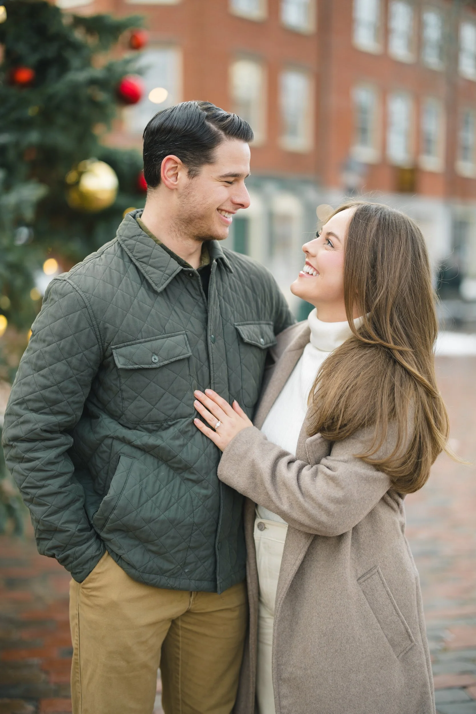Couple during a winter engagement session in Newburyport, Massachusetts.