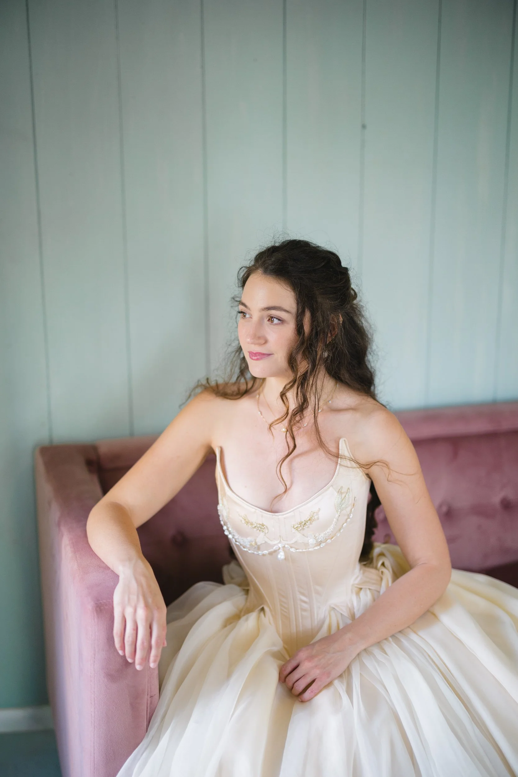 Bride getting ready in a custom mermaid-inspired wedding gown in St. Thomas.