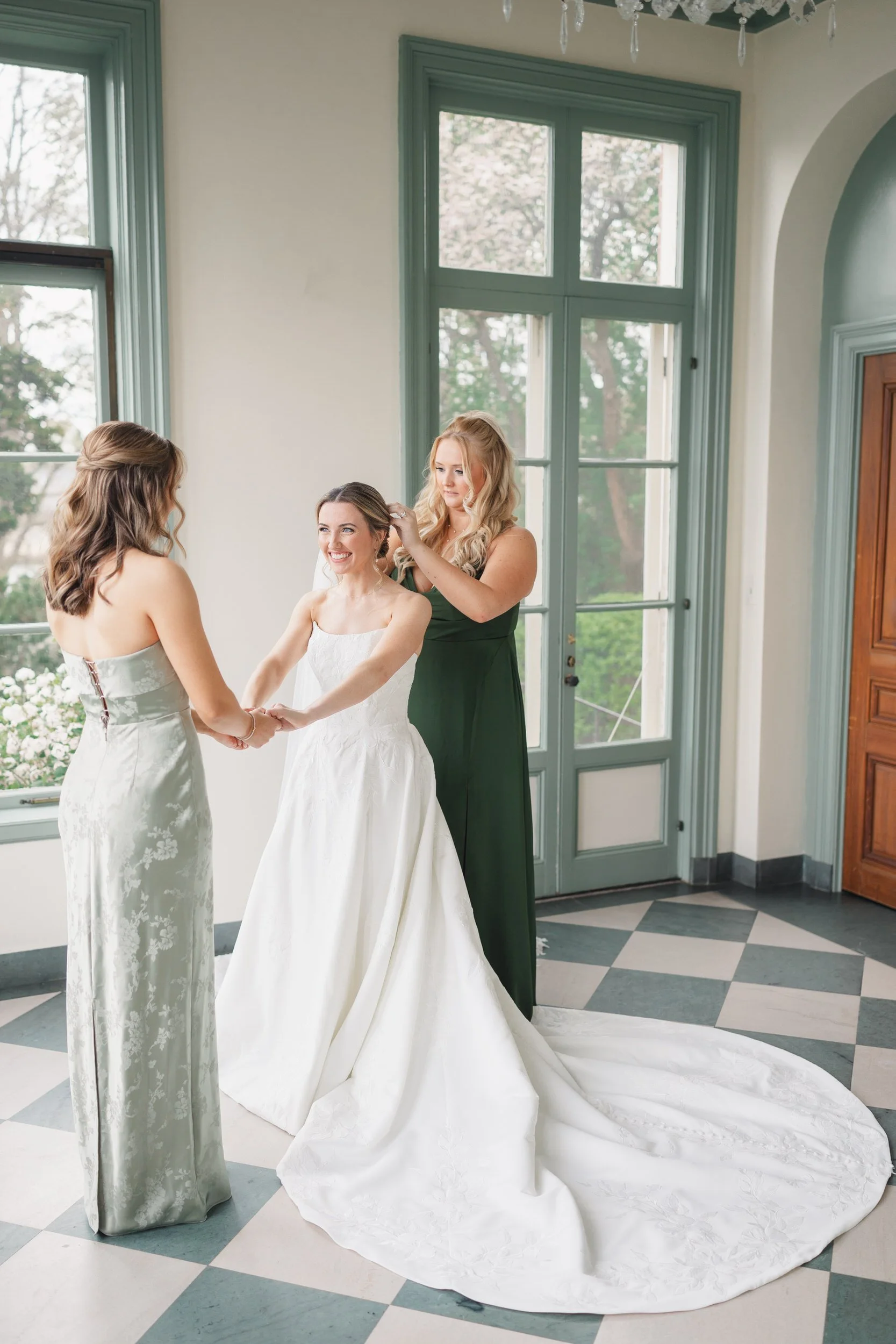 Bridal getting ready portraits with checkered floors and teal walls at Misselwood Estate
