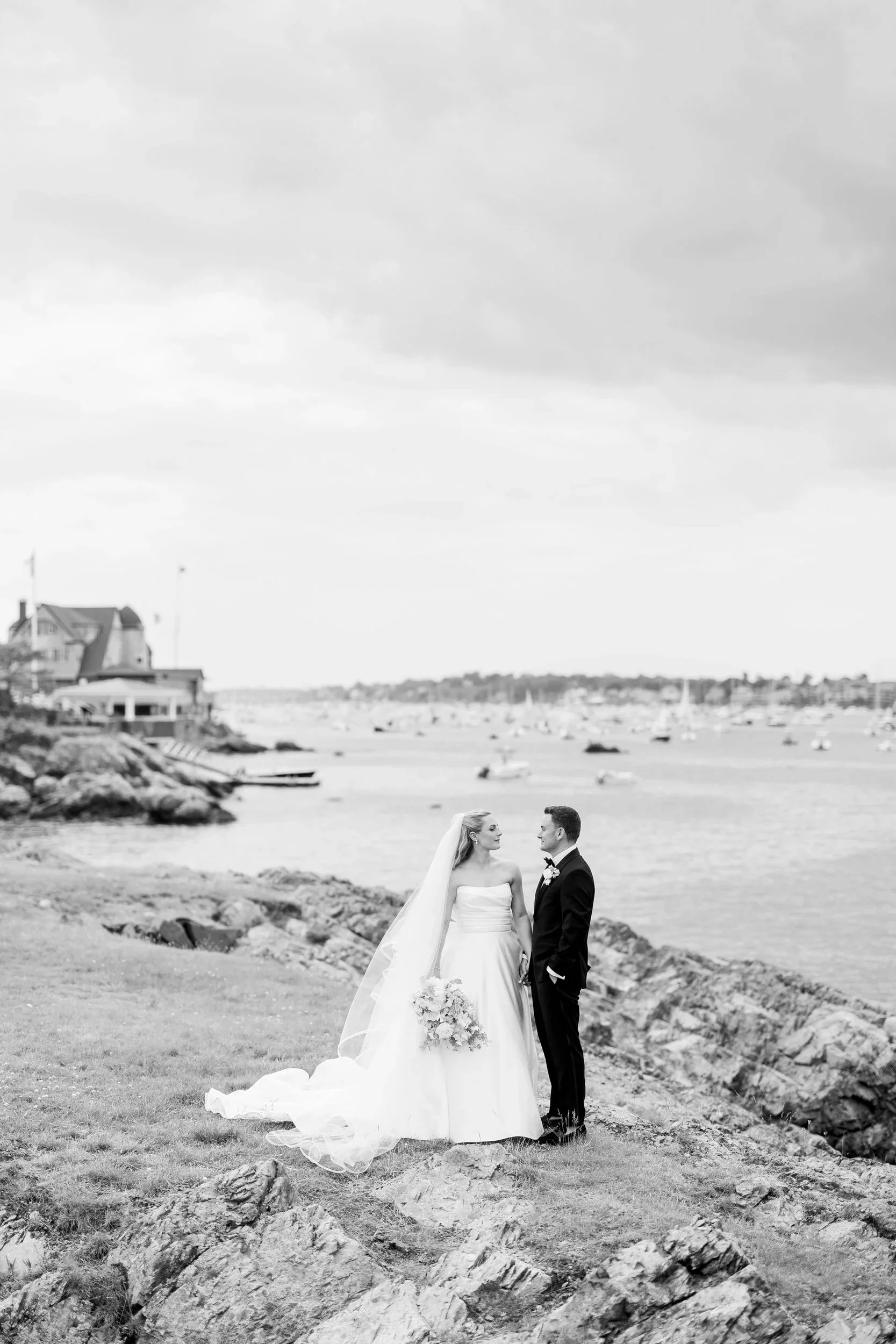 Timeless New England wedding portraits overlooking the coastline at Chandler Hovey Park.