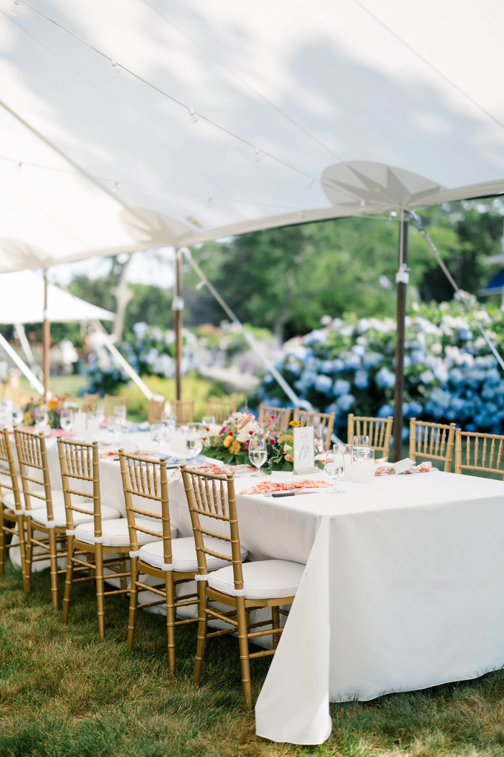 Reception tables decorated with hydrangeas and wildflowers by Blossom Flowers Mattapoisett.