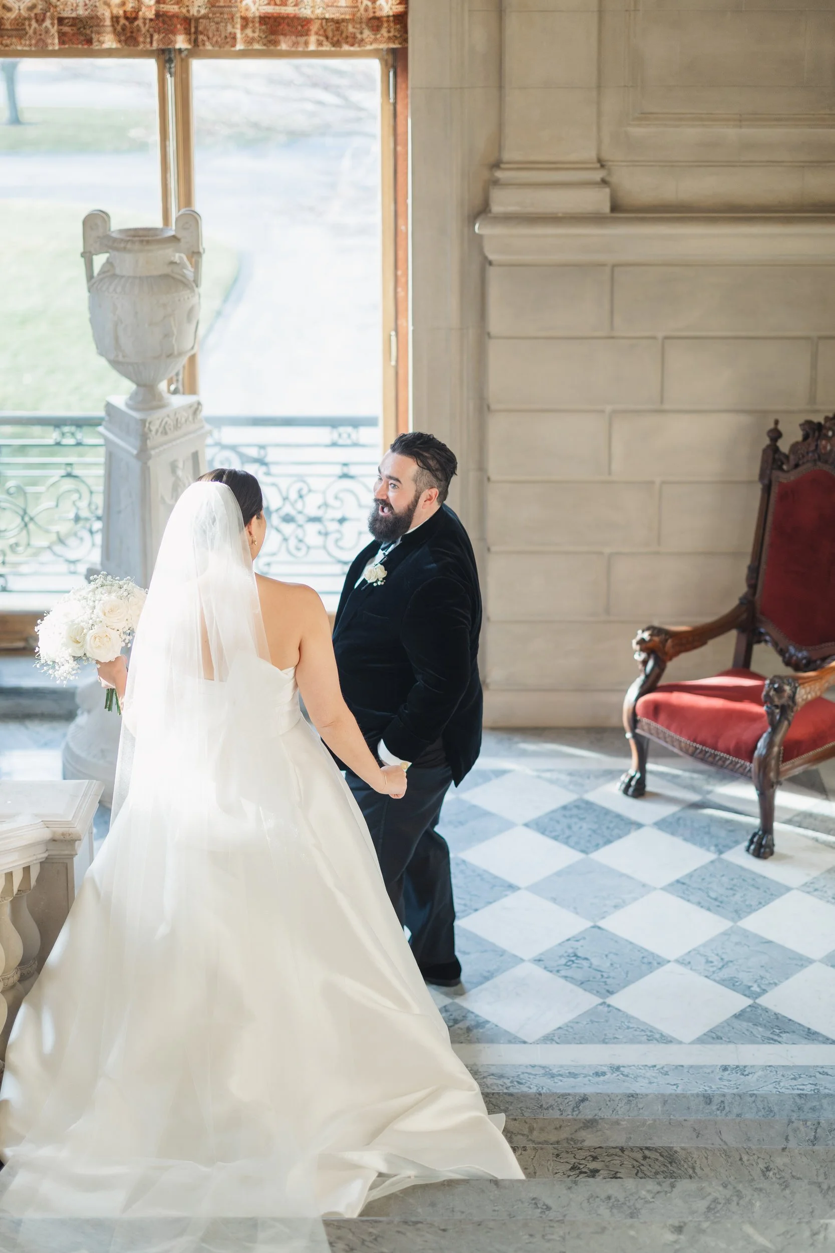 Emotional first look at Aldrich Mansion wedding venue