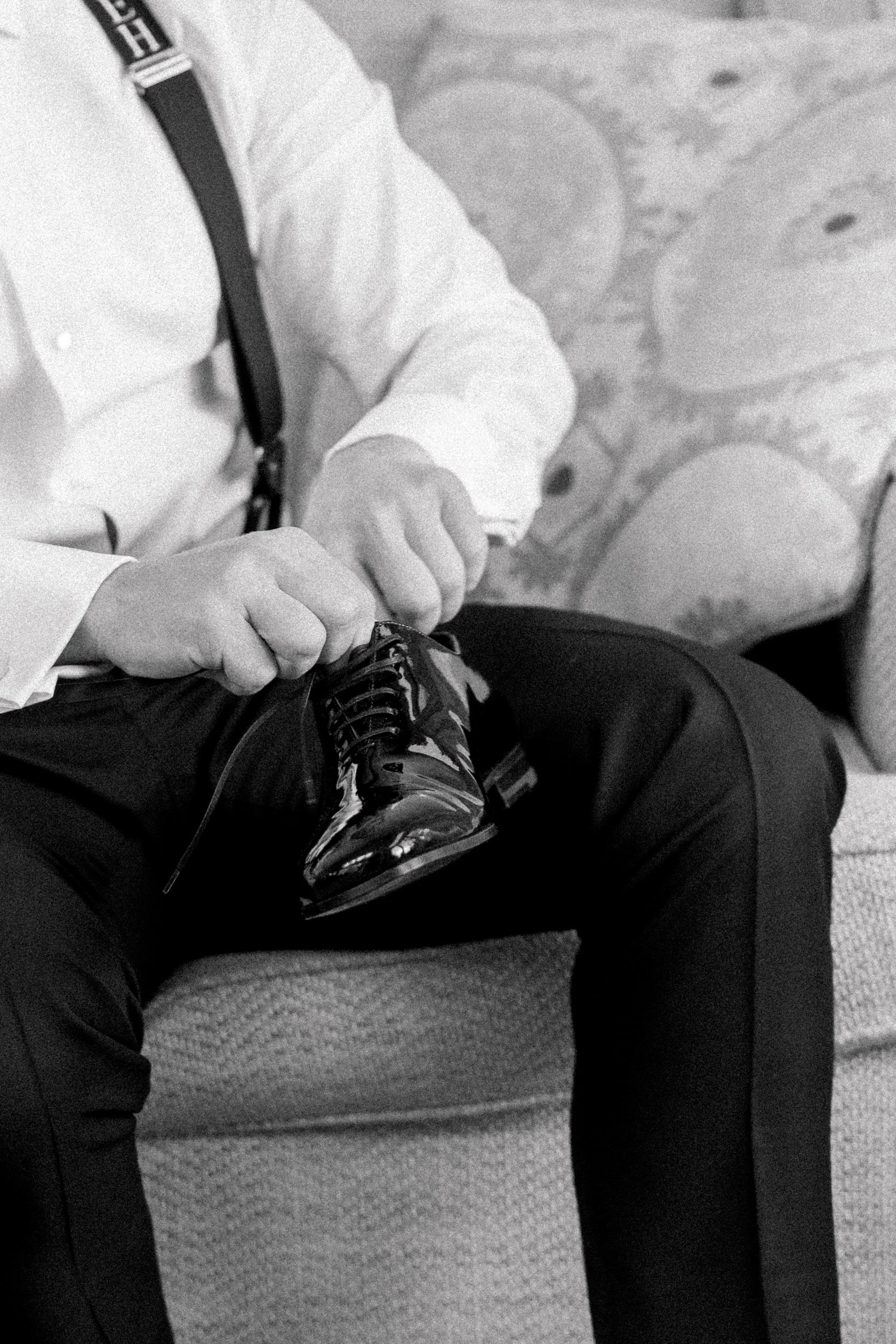 Groom preparing for an outdoor wedding ceremony in coastal Massachusetts.