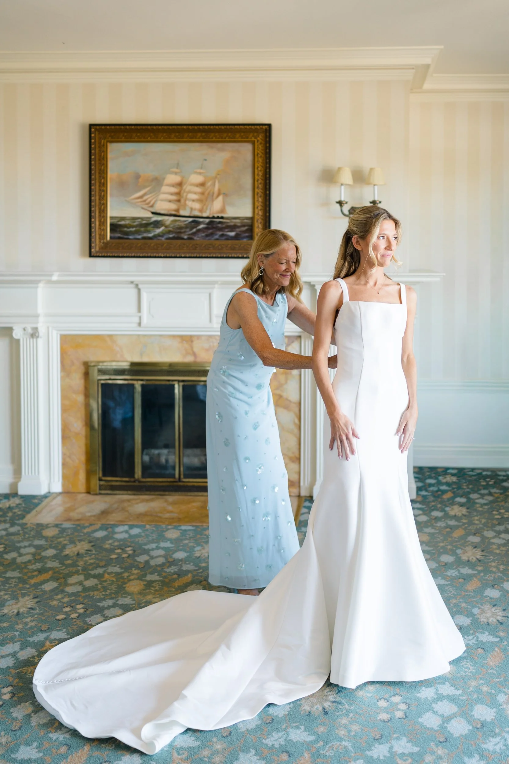 Bride getting ready with bridesmaids at Ocean Edge Resort