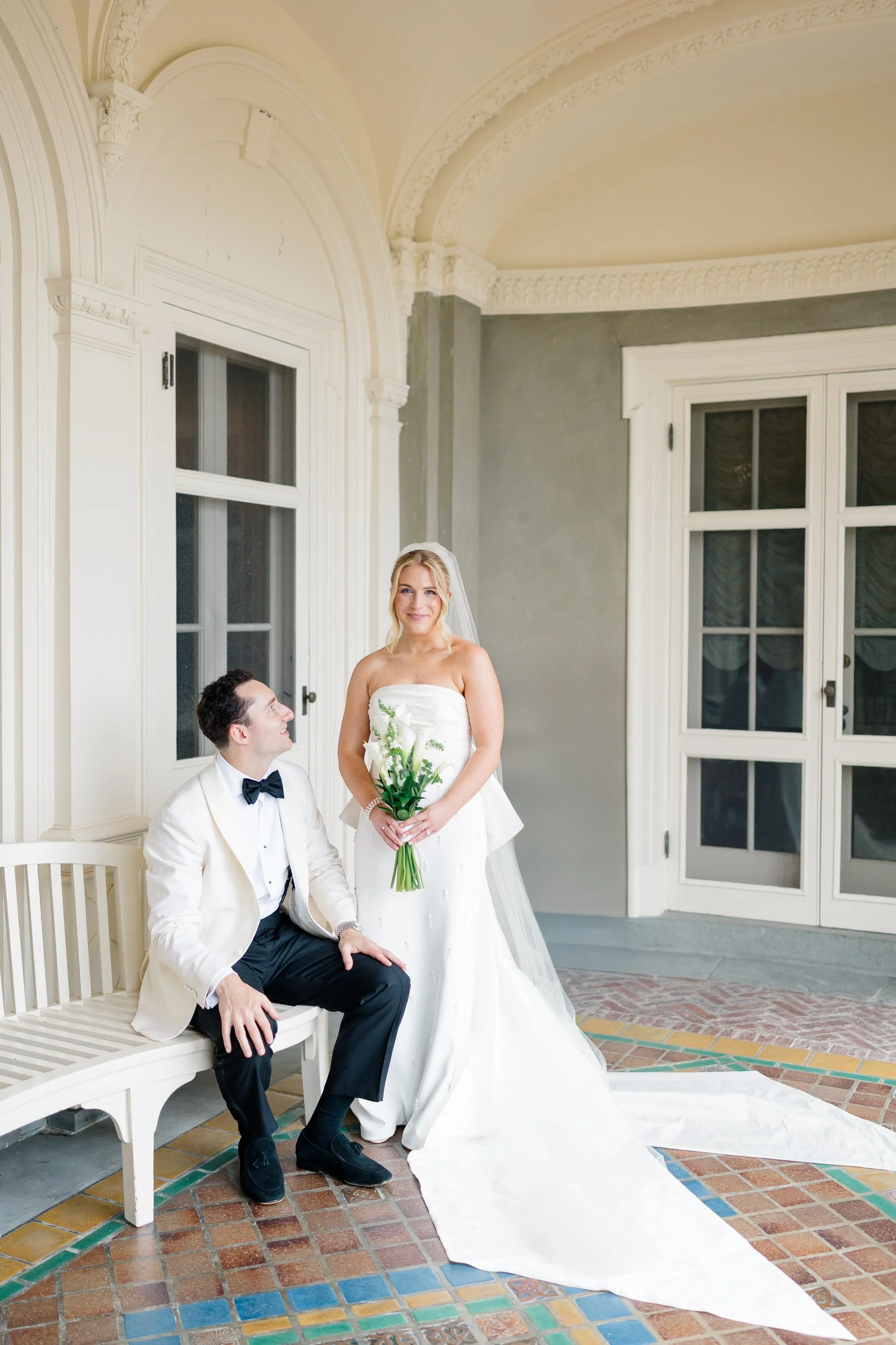 Editorial wedding portraits inside historic Blithewold Mansion.