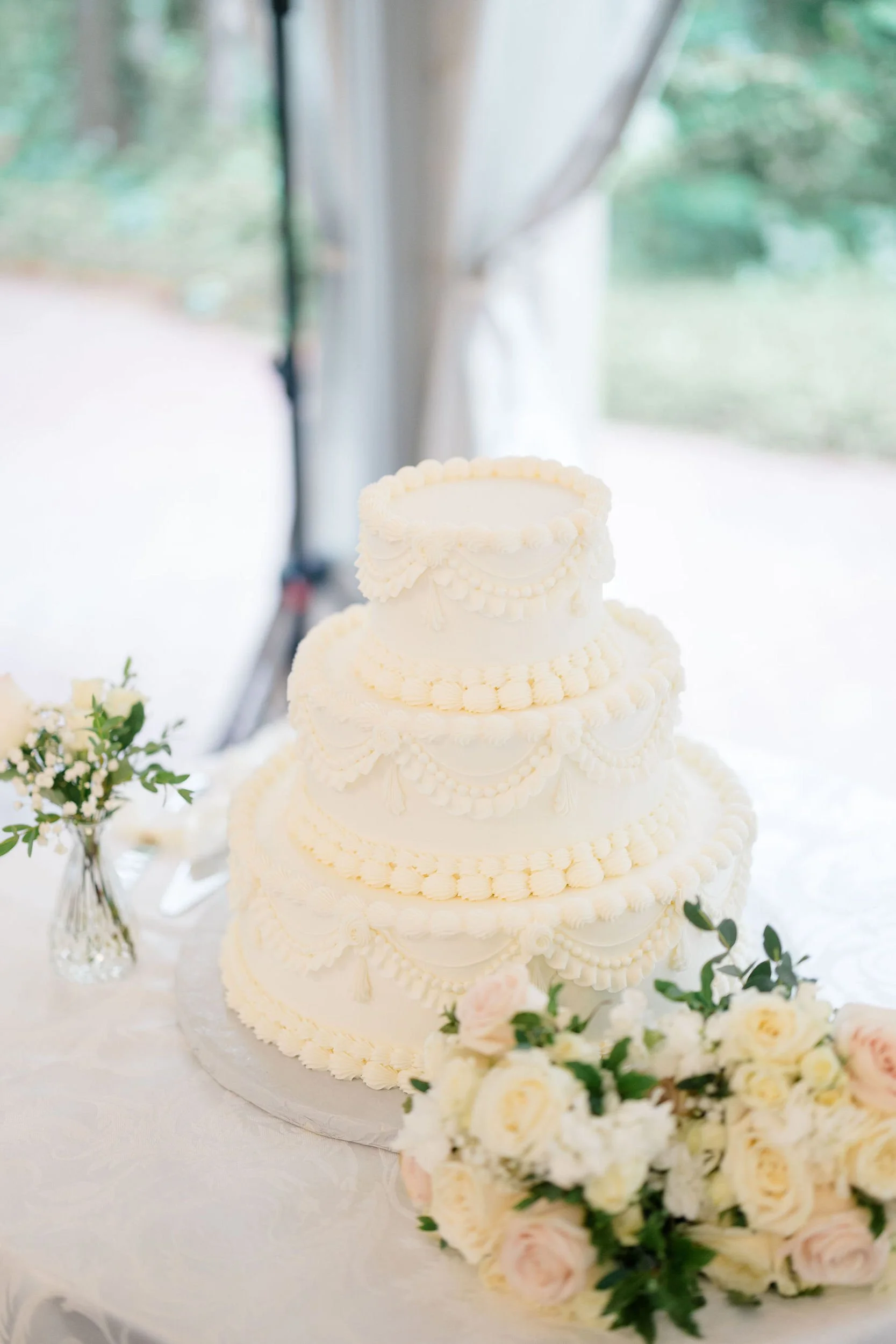 Wedding cake photographed during a Long Hill estate wedding reception.