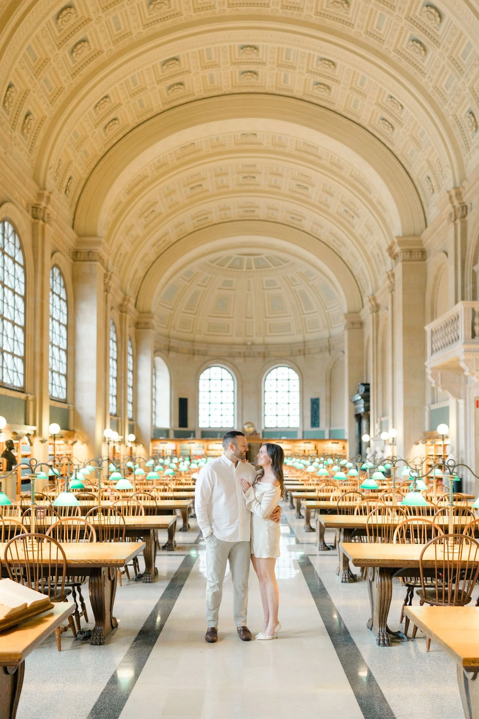 Boston Public Library engagement photography with timeless, editorial couple portraits