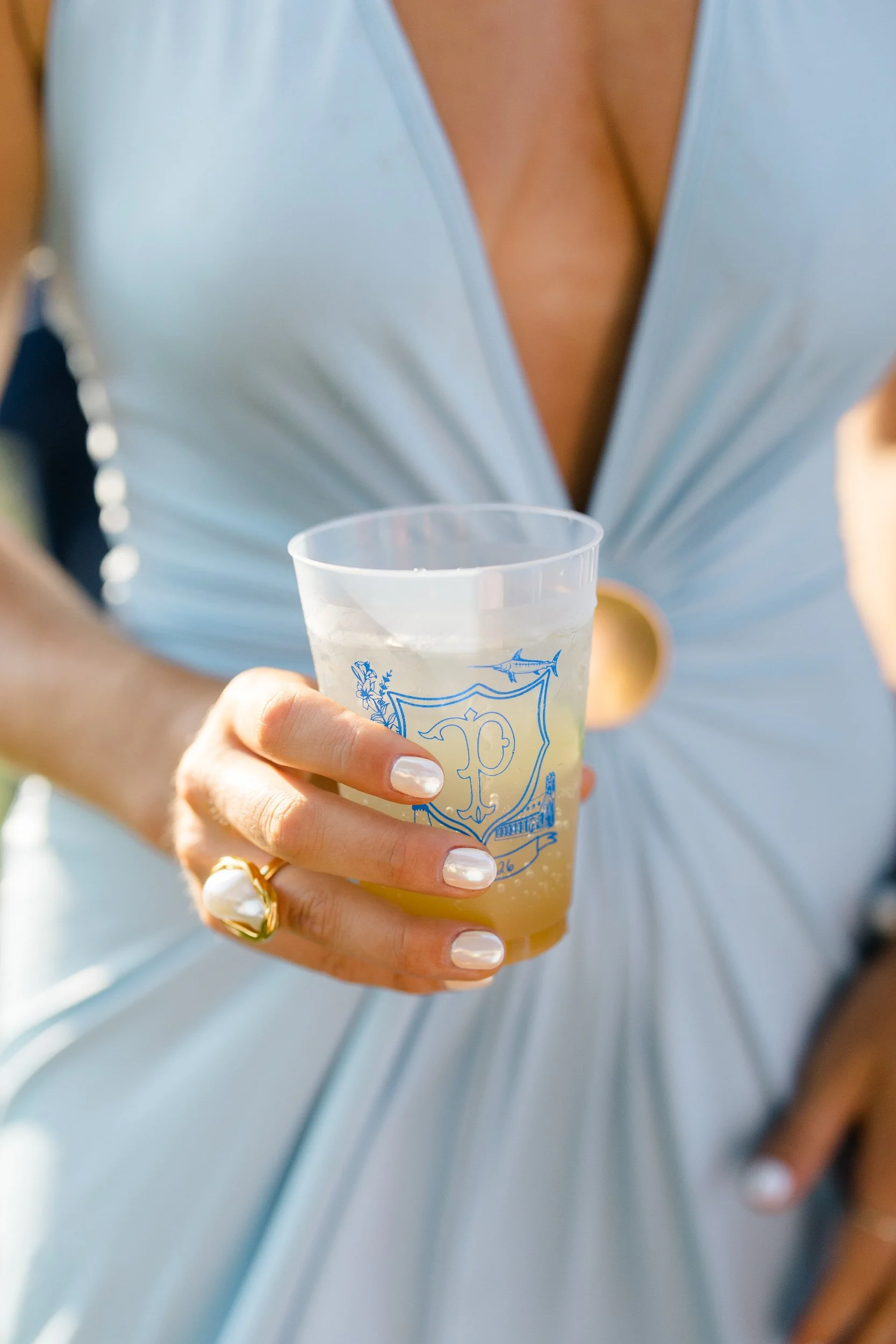 Signature cocktails displayed during a waterfront Cape Cod wedding.