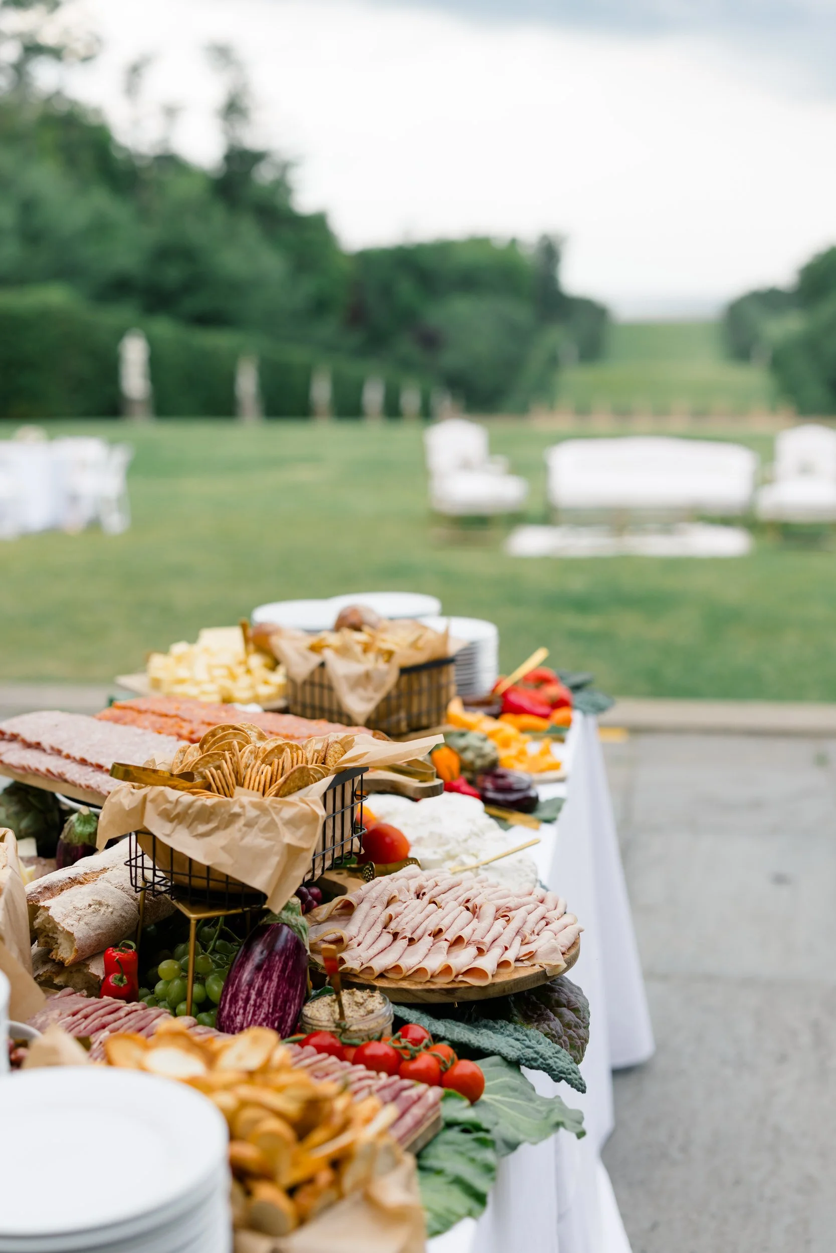 Vibrant cocktail hour on the Crane Estate lawn featuring an extravagant charcuterie display and garden views.