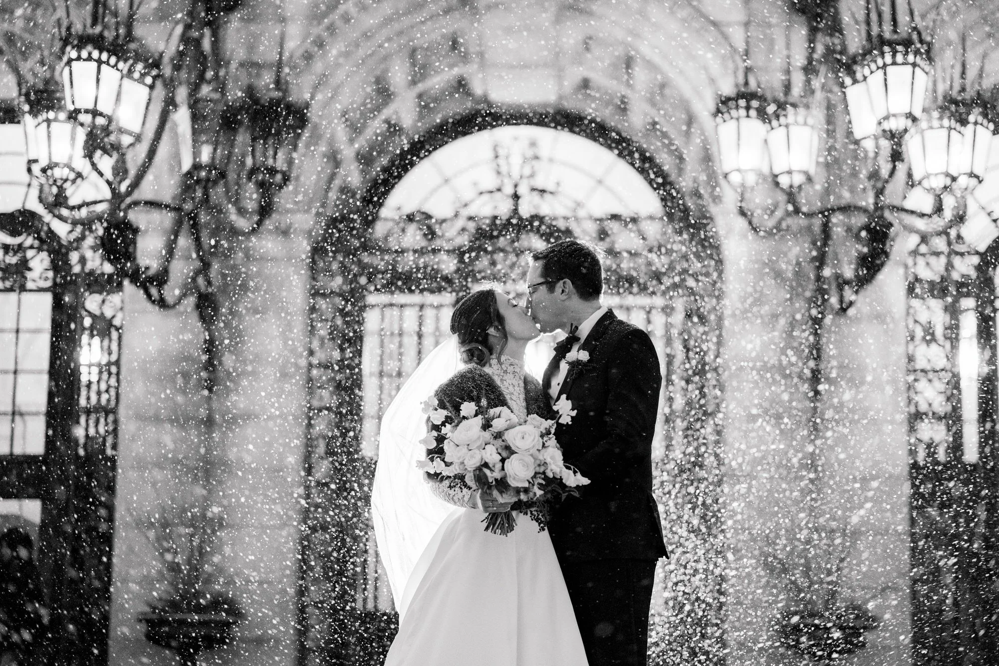 Snowy couple's portraits at Boston Public Library Wedding