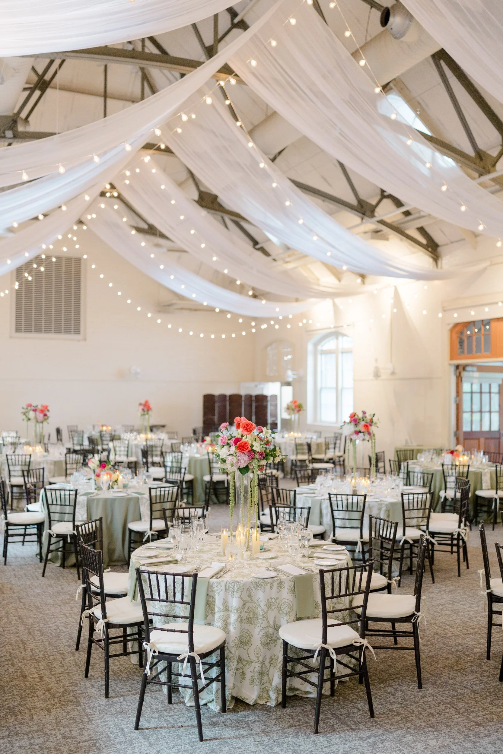 Elegant reception decor for a garden party wedding celebration