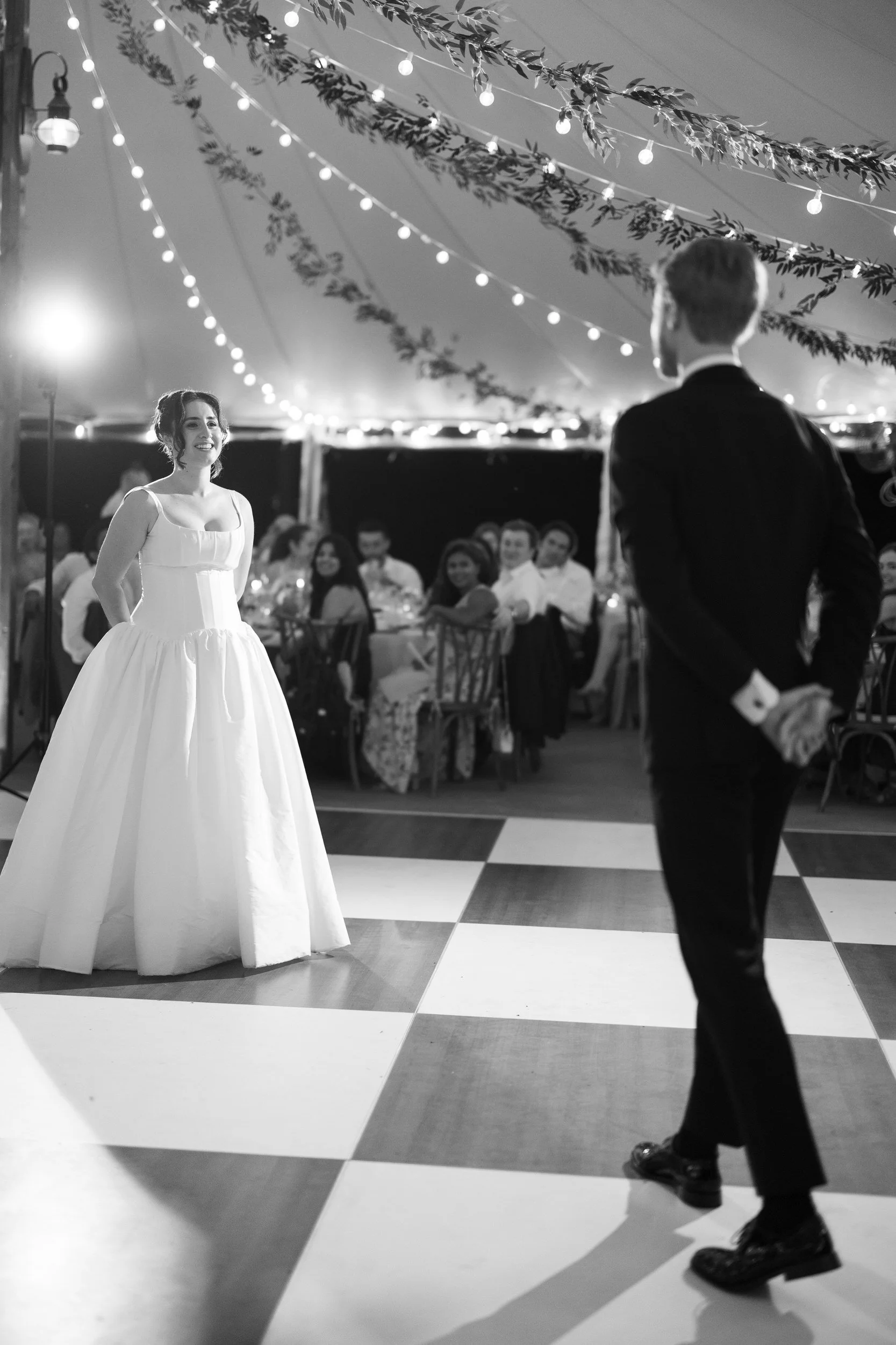 Bride and groom first dance inside historic estate reception space in Topsfield MA