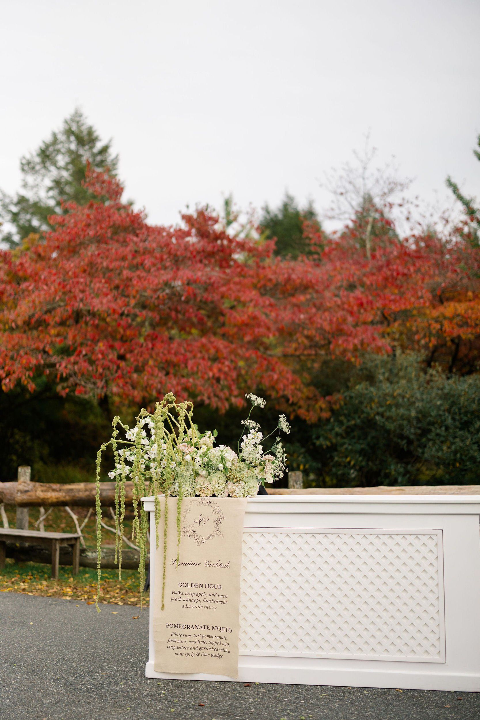 Cocktail hour details at a fall wedding at Elm Bank in Wellesley, Massachusetts.