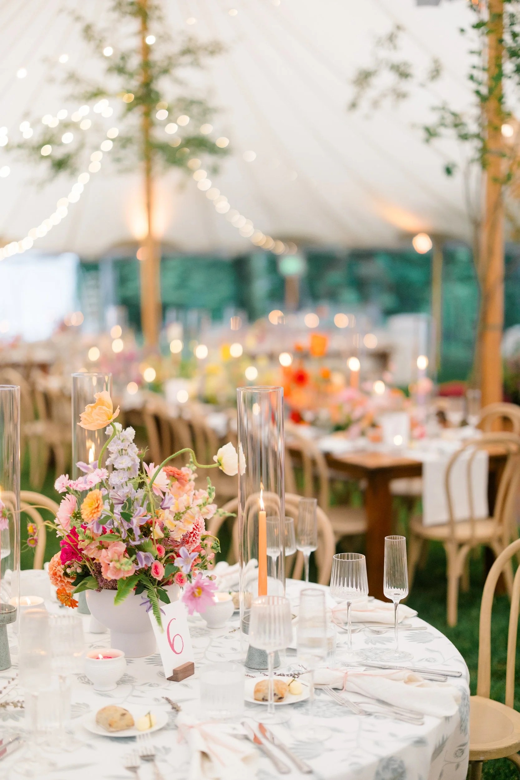 Reception tent transformed into a colorful secret garden with lush seasonal flowers.