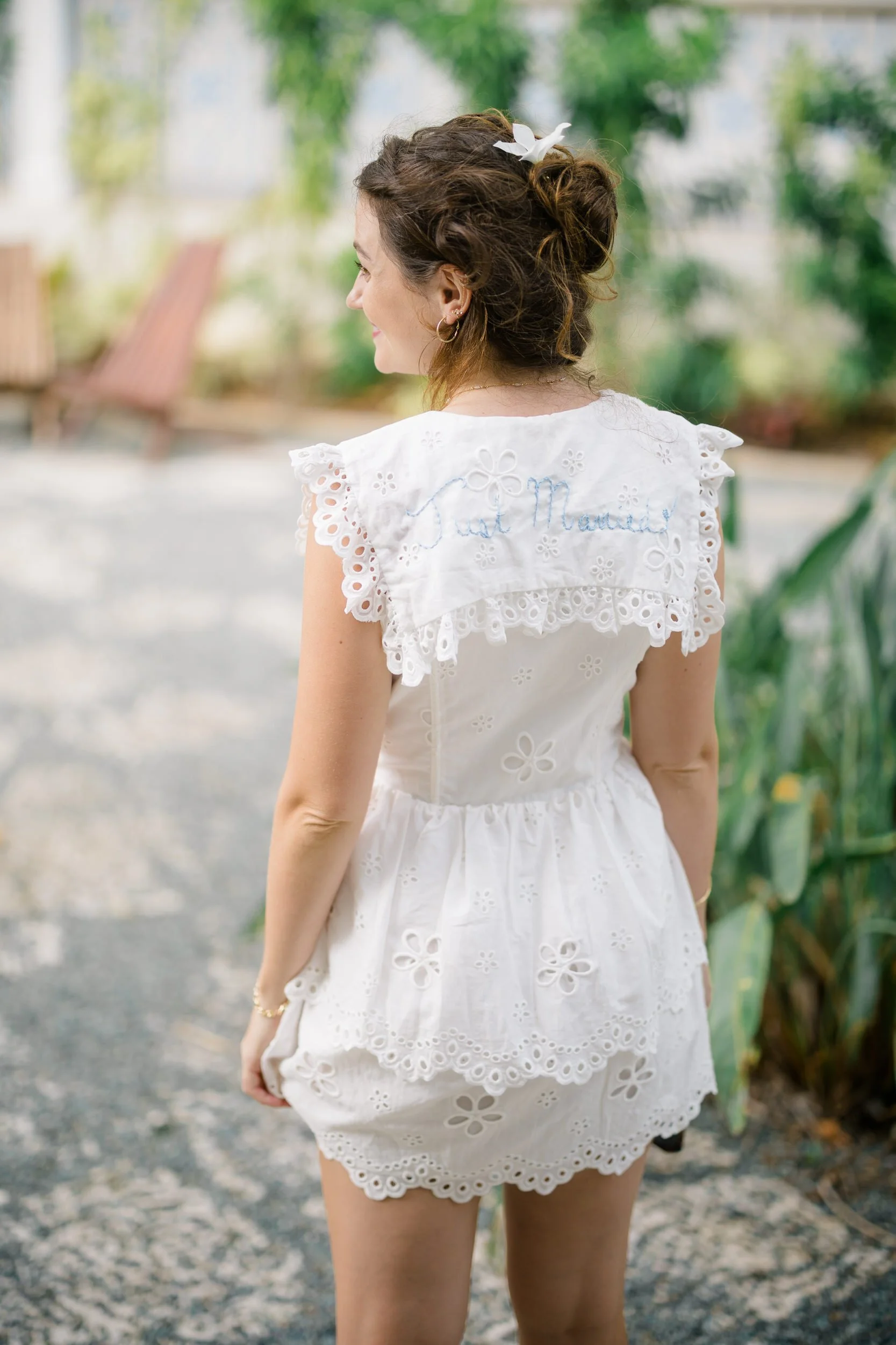 Just Married embroidered white dress during a queer destination wedding in St. Thomas.