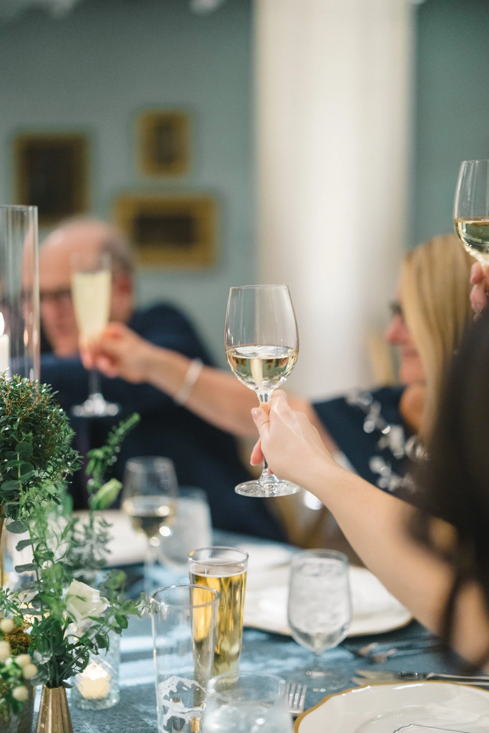 Intimate décor details from a Boston Athenaeum rehearsal dinner.