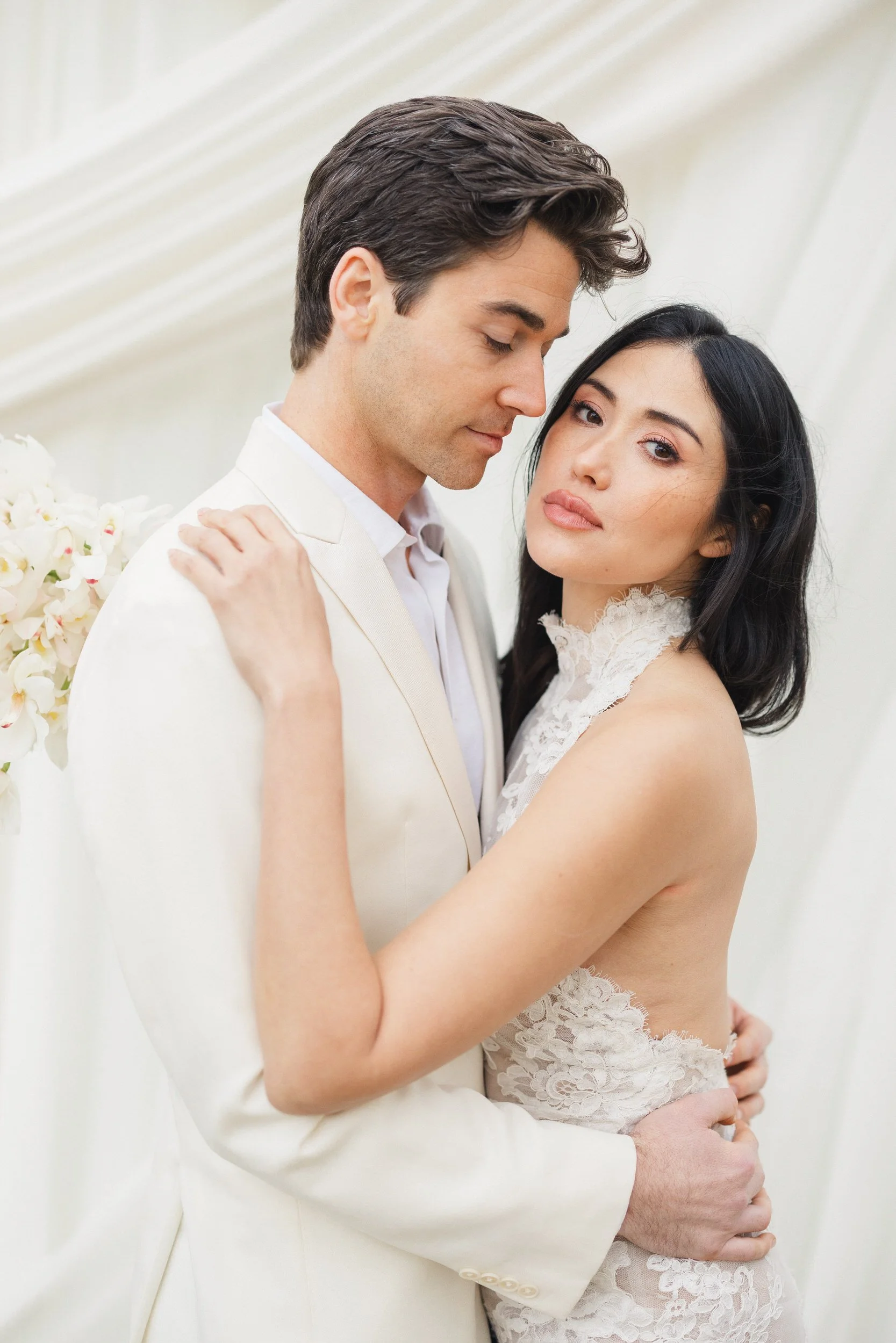 Outdoor wedding portraits with elegant white drapery in Charleston