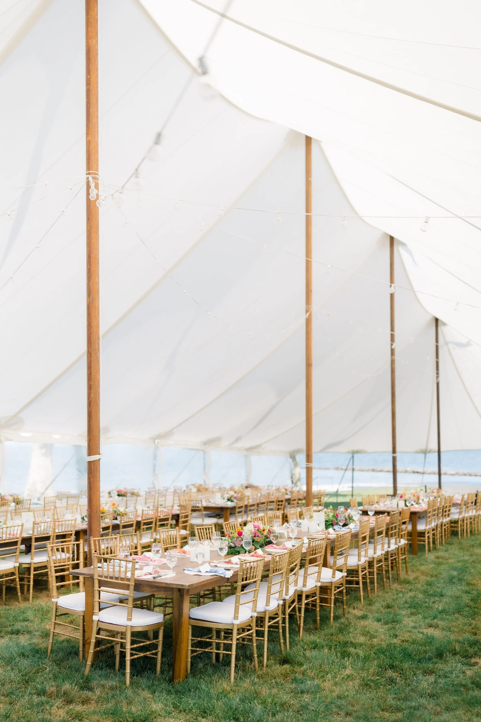 Reception tables decorated with hydrangeas and wildflowers by Blossom Flowers Mattapoisett.
