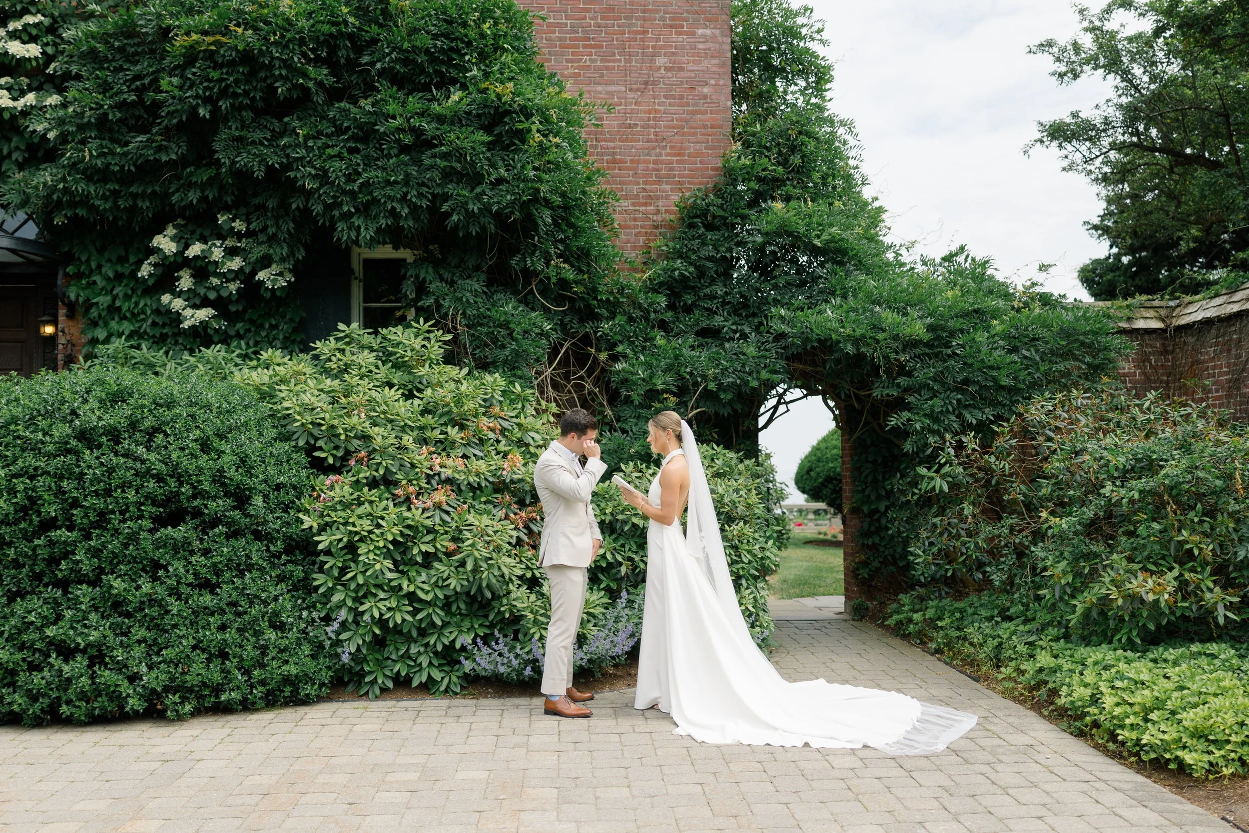 Romantic first look overlooking the gardens at Misselwood Estate.