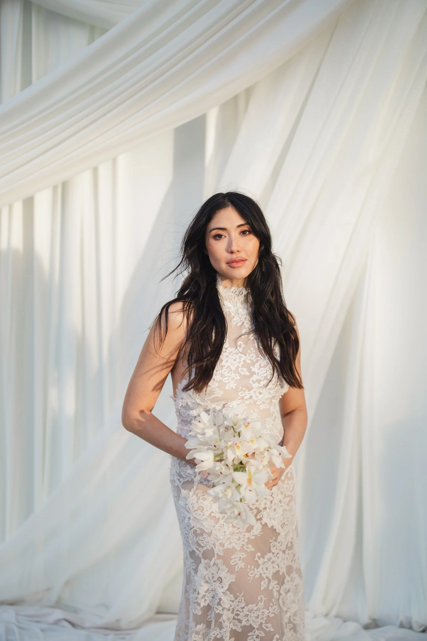 Elegant sunset portraits of bride and groom at historic Lowndes Grove Plantation