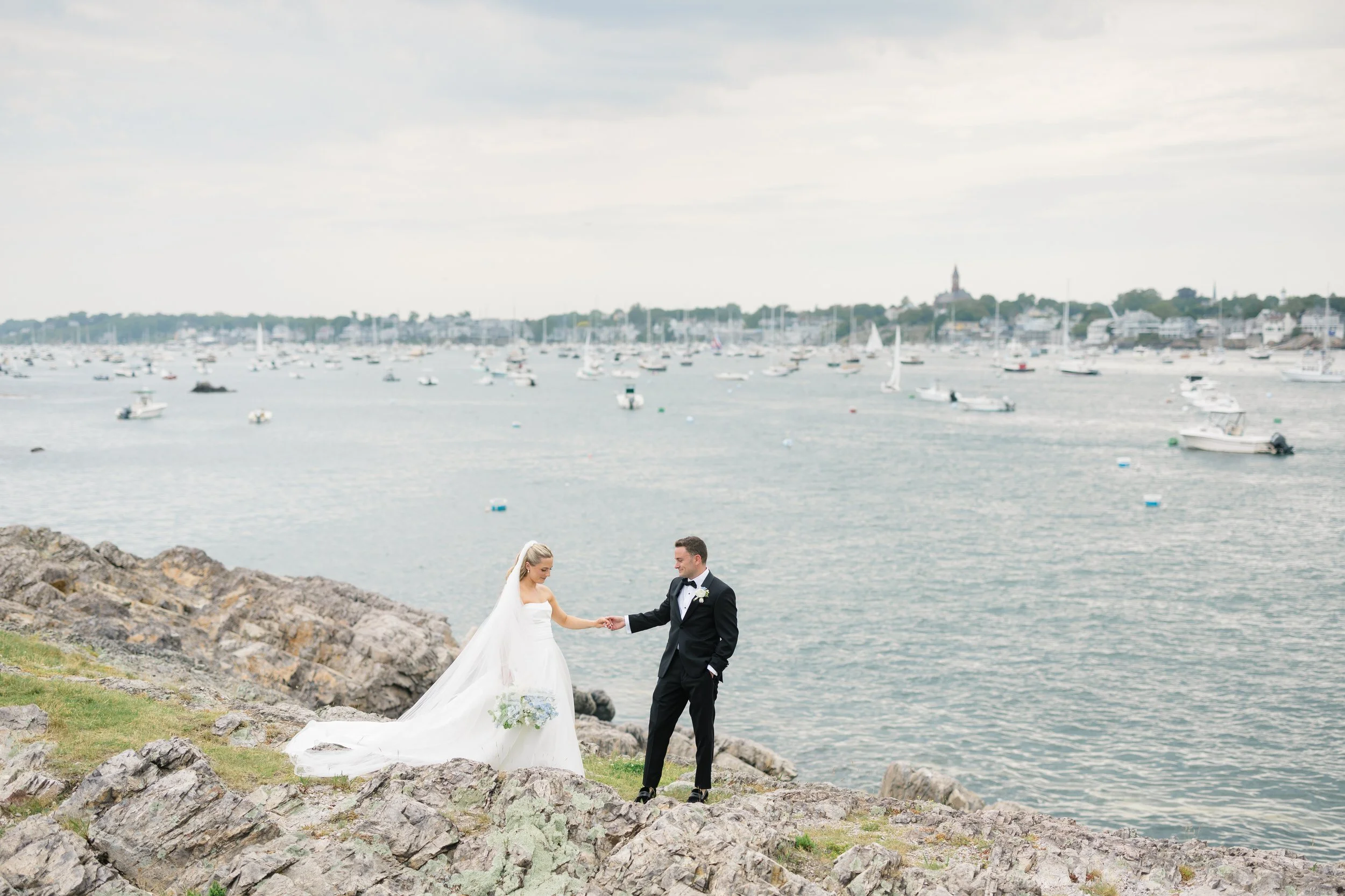 Timeless New England wedding portraits overlooking the coastline at Chandler Hovey Park.
