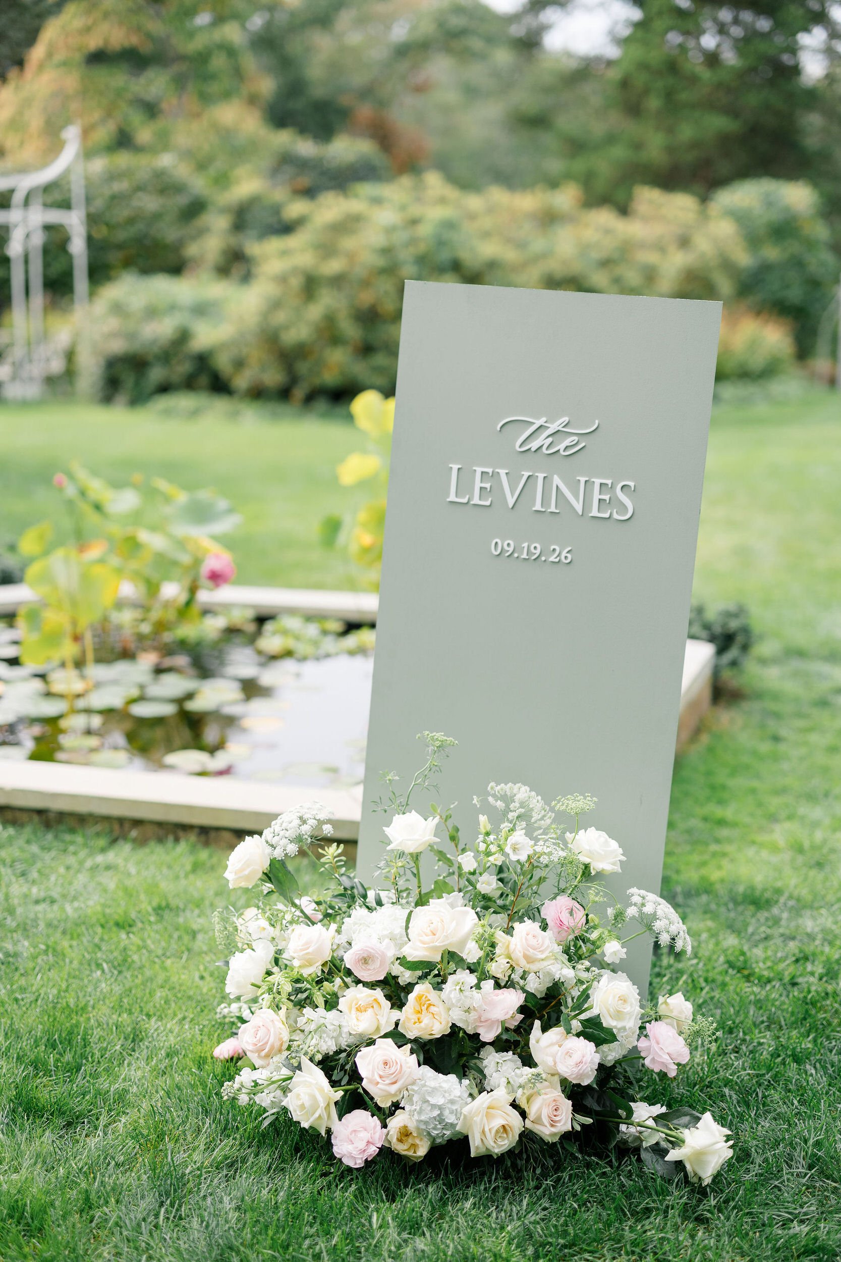 Garden wedding ceremony decor at the Long Hill estate.