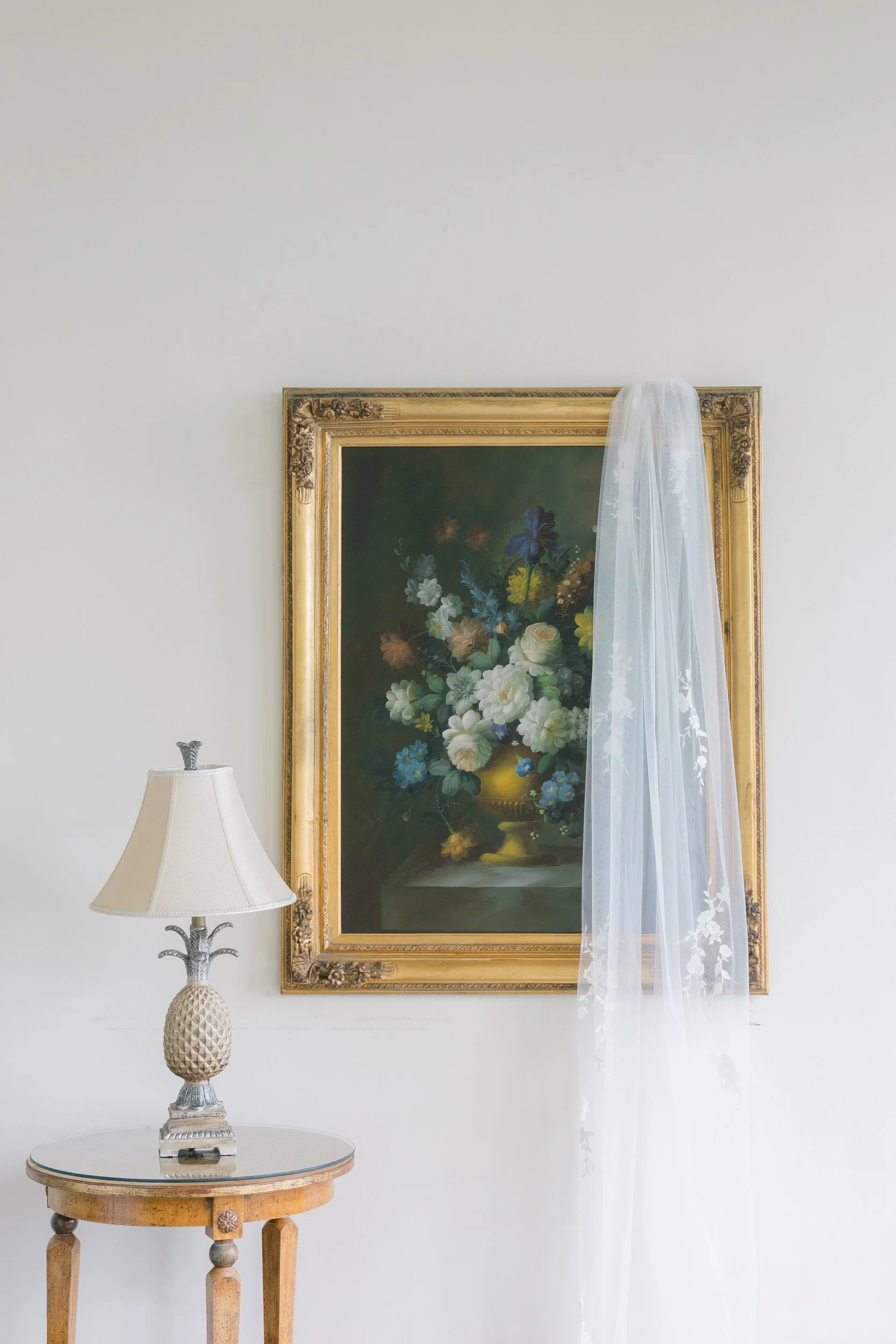 Bridal details styled with white and pastel blue florals at Misselwood Estate.