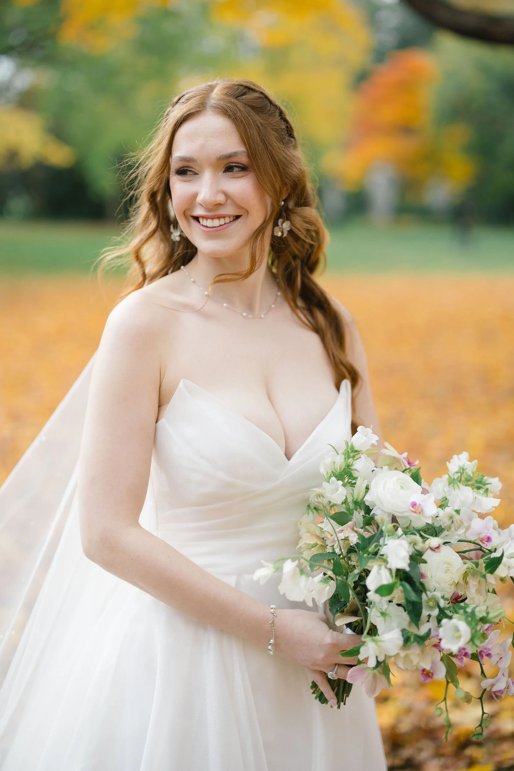 Bride photographed in the gardens at Elm Bank during her wedding day.