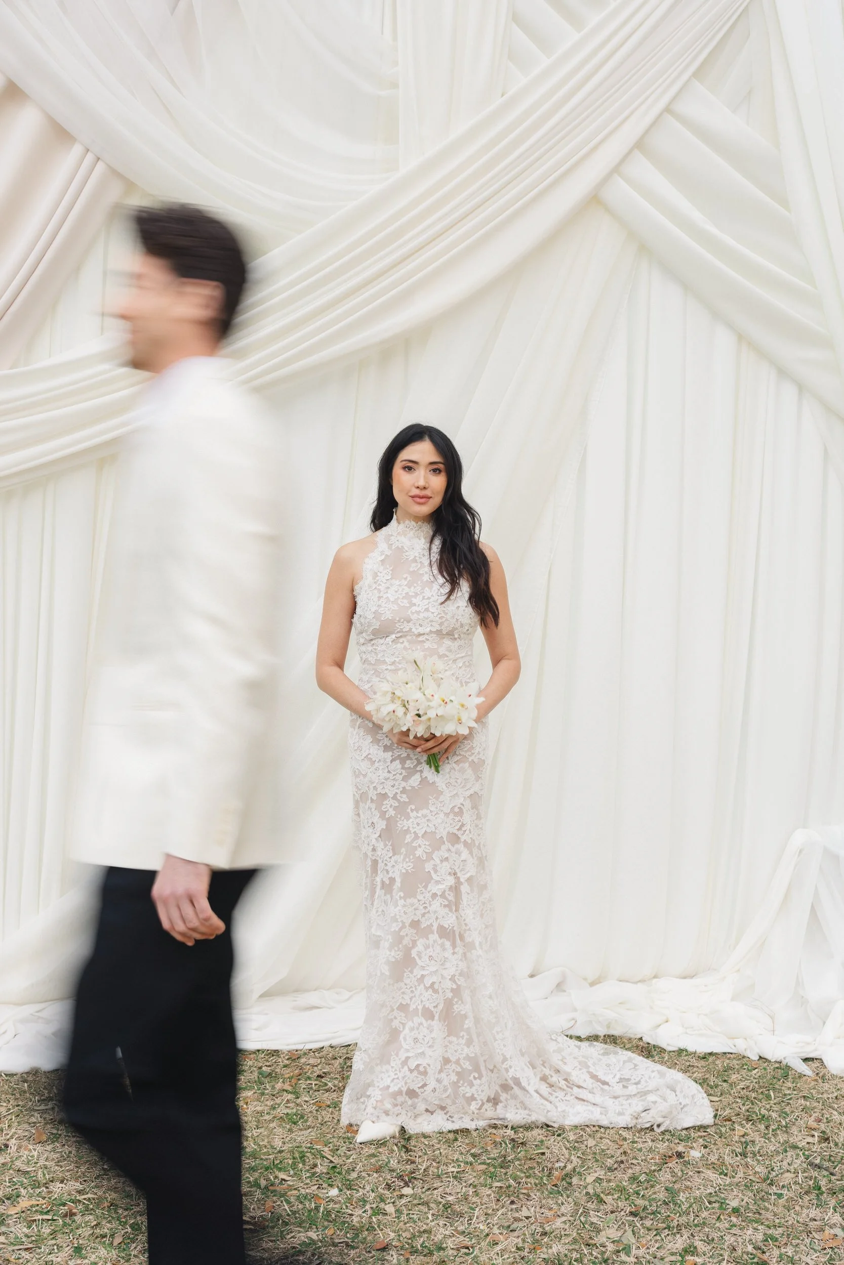 Editorial wedding portraits at Lowndes Grove with soft white draping