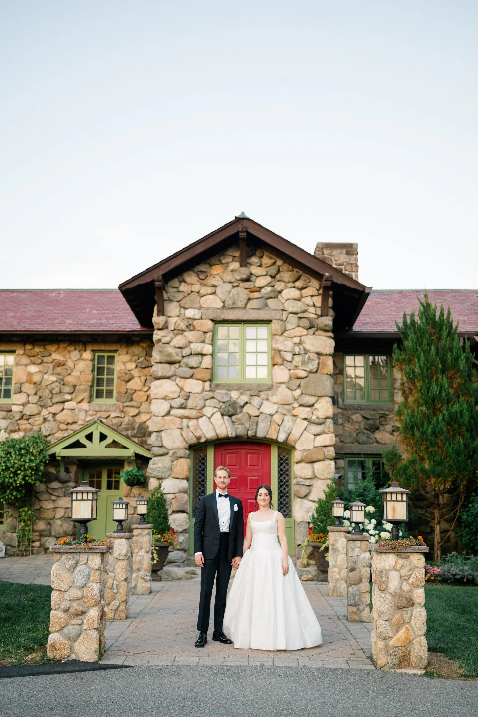 Golden hour wedding portraits of bride and groom at Willowdale Estate Massachusetts gardens