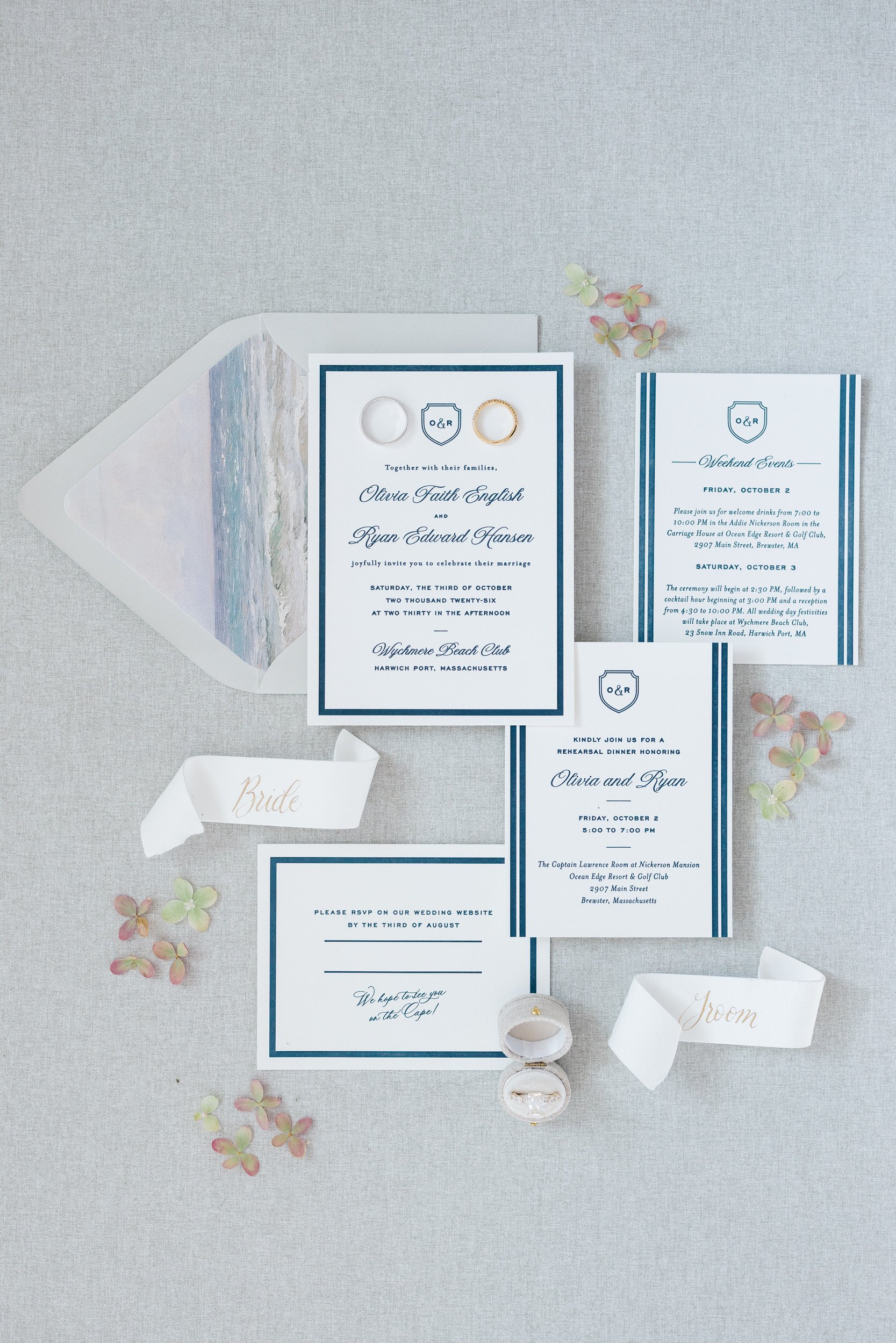 Wedding invitation suite and stationery photographed for a Wychmere Beach Club wedding on Cape Cod.