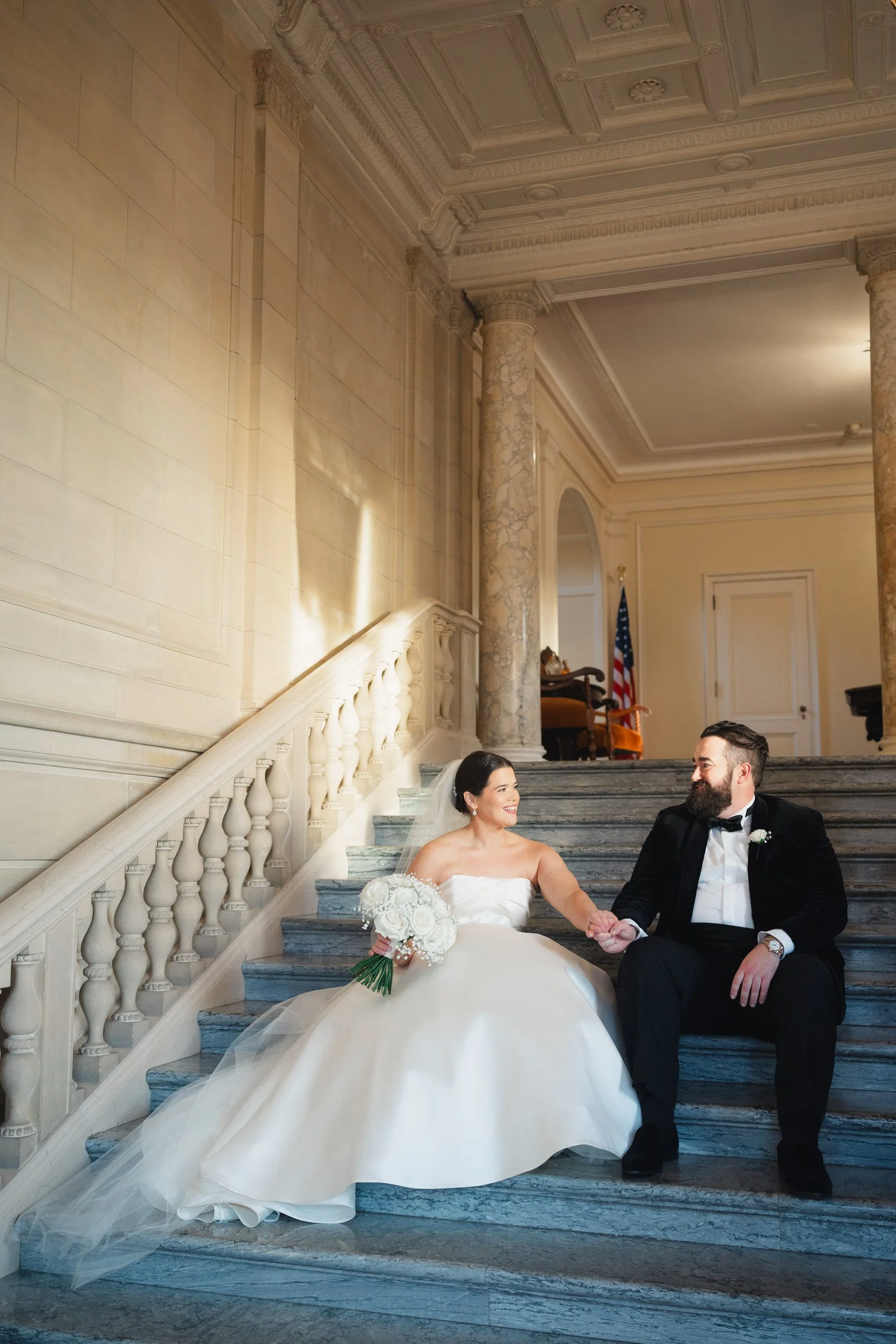 Elegant couple portraits with Aldrich Mansion architecture
