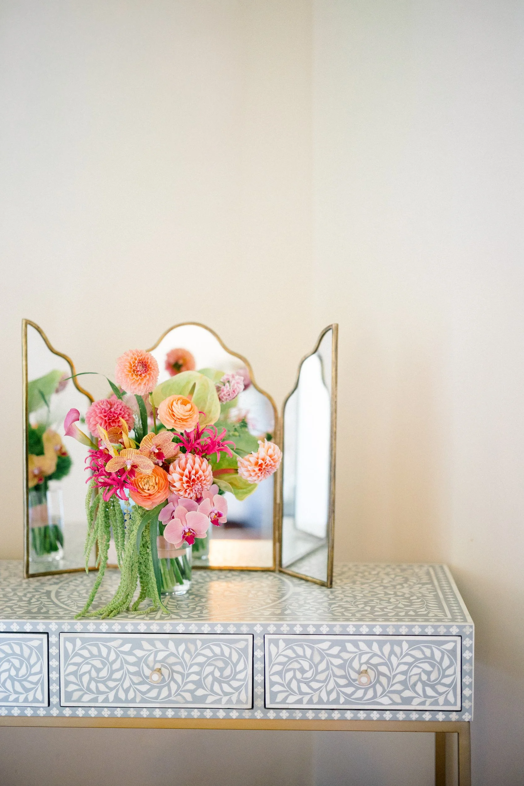 Bridal bouquet with elements of orchids, dahlias, and anthuriums for a Willowdale Estate wedding