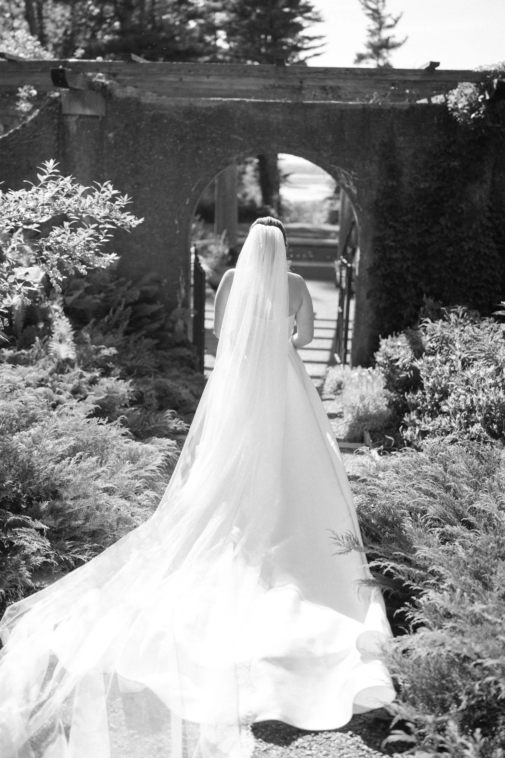 Emotional first look between the bride and groom in the Rose Garden at Crane Estate in Ipswich, Massachusetts.