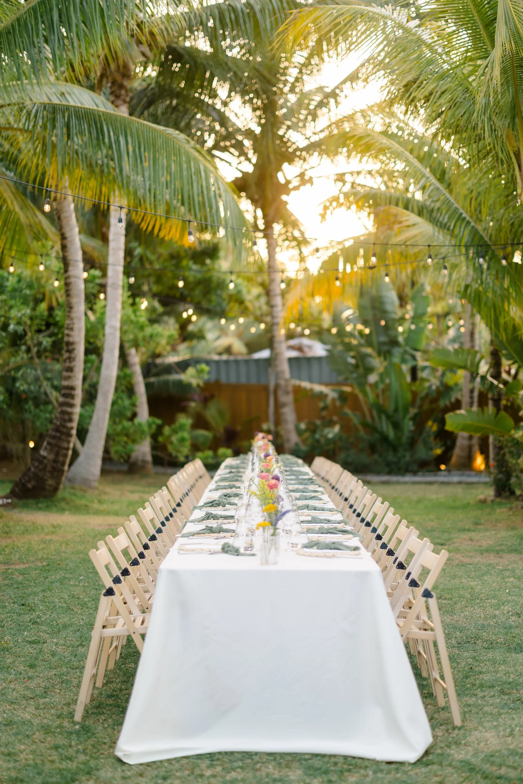 Tropical wedding reception tablescape in the US Virgin Islands.