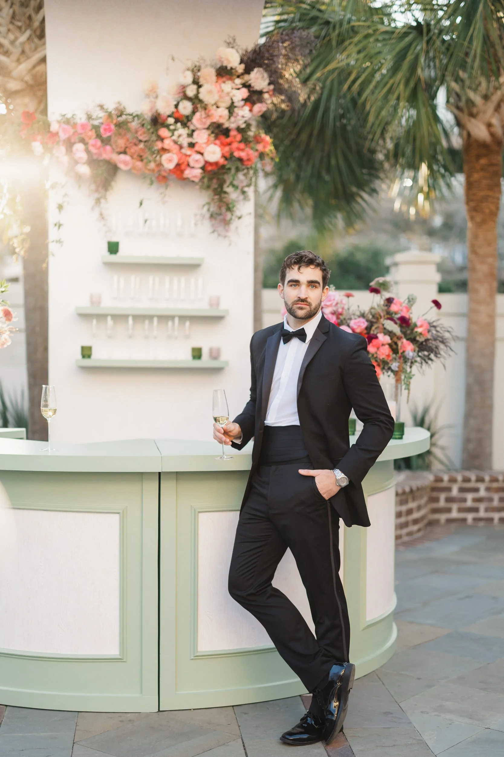 Newly married couple celebrating their spring wedding in Charleston, South Carolina.