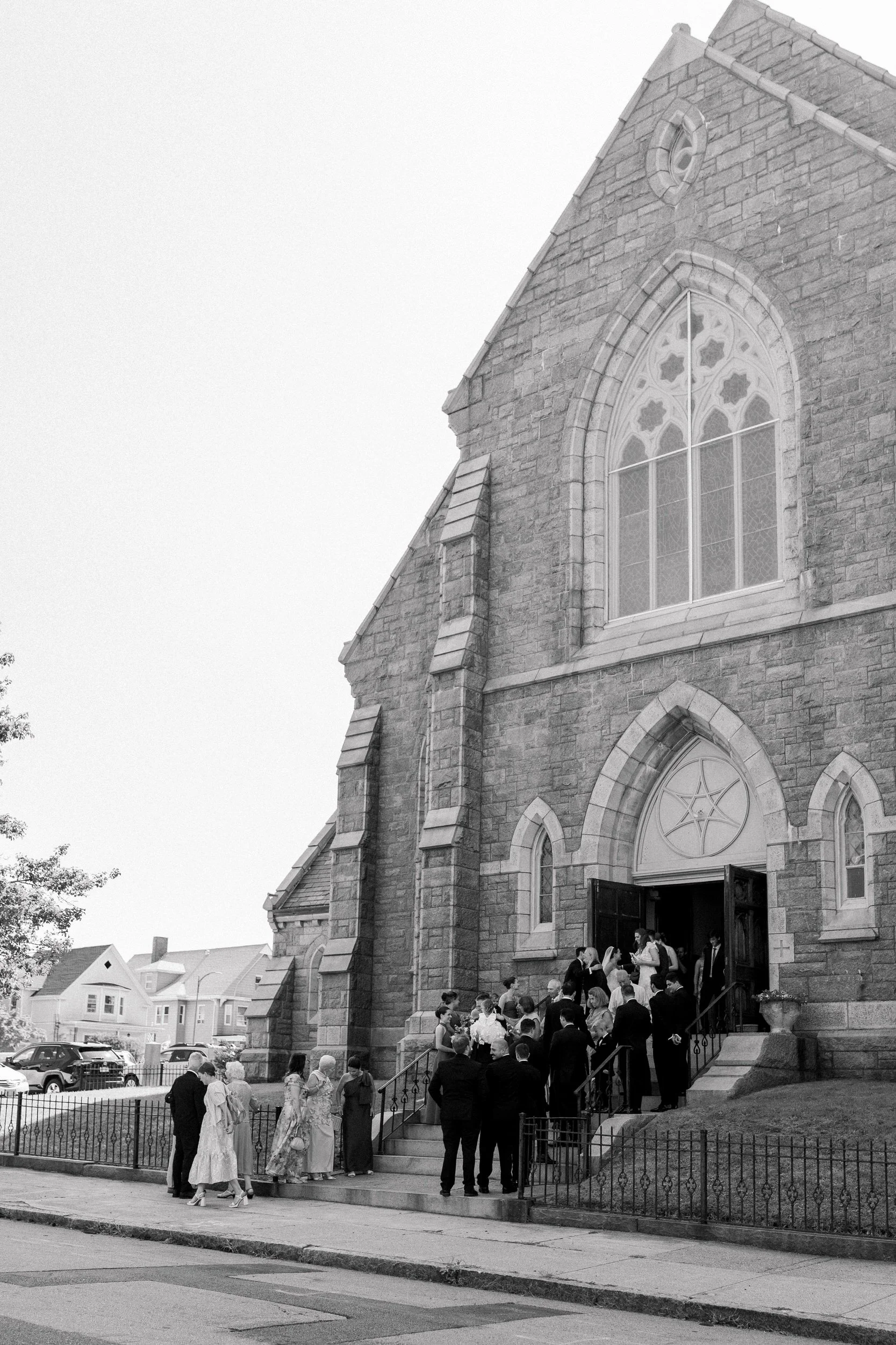 Elegant church exterior at St. Lawrence Martyr Parish in New Bedford.
